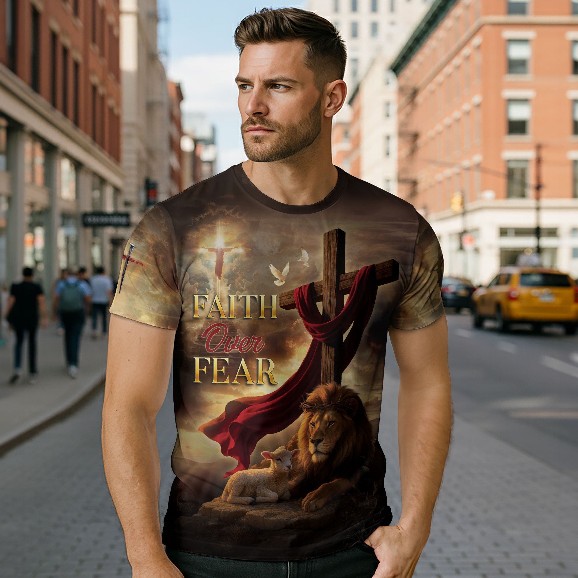 Faith Over Fear Christian T-Shirt Lion Cross Sunset Design