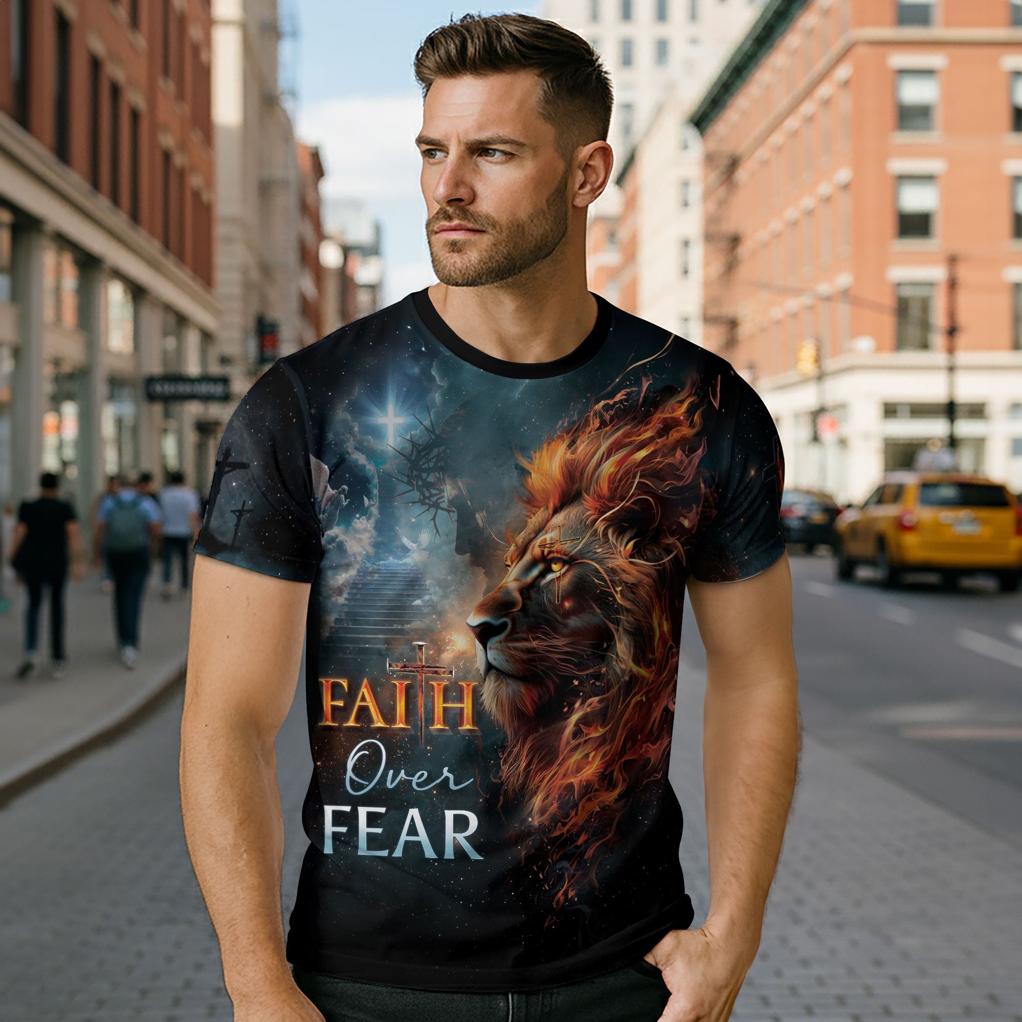 Faith Over Fear Christian T-Shirt Lion Cross Fire Galaxy Design