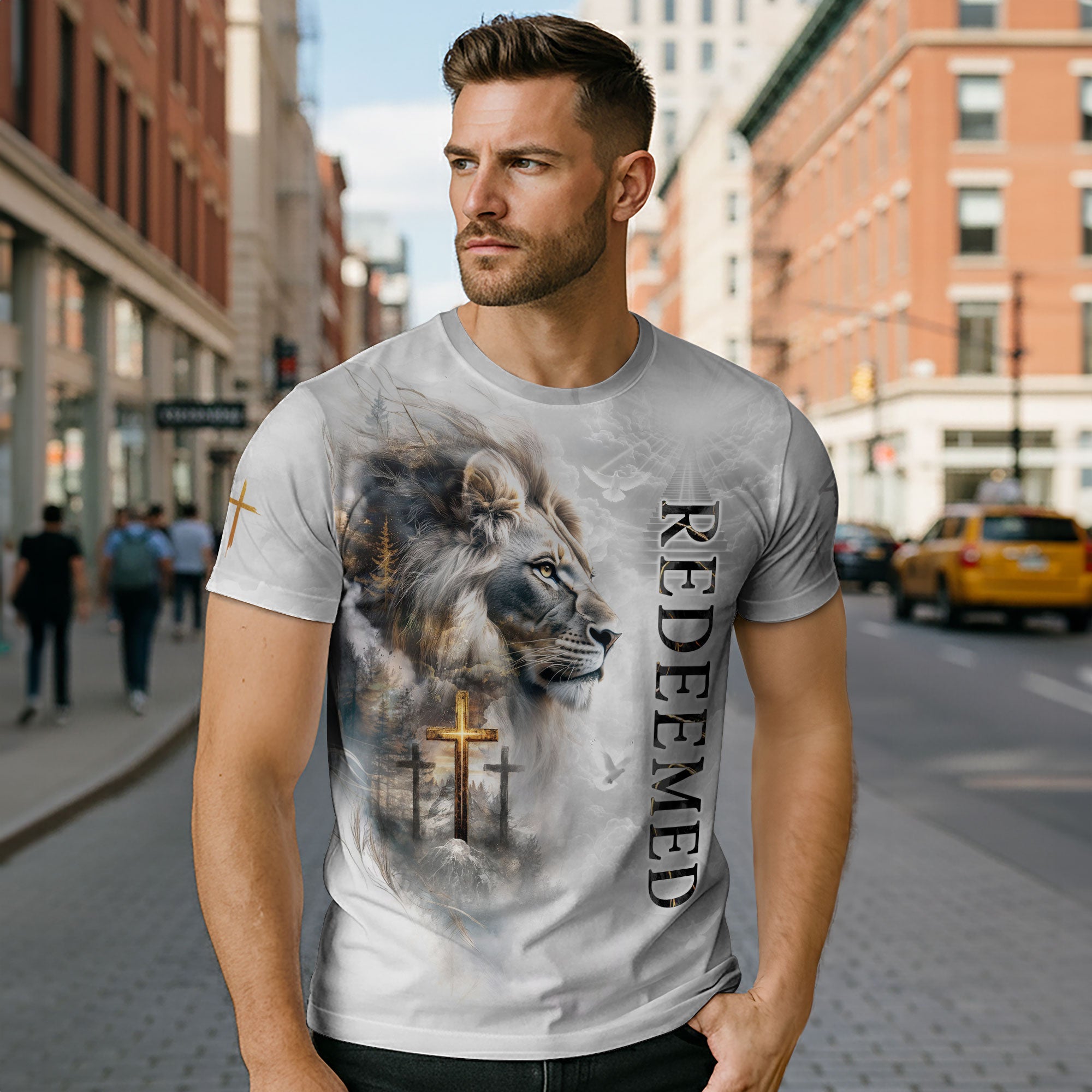Redeemed Christian T-Shirt Lion Cross White Heaven Design