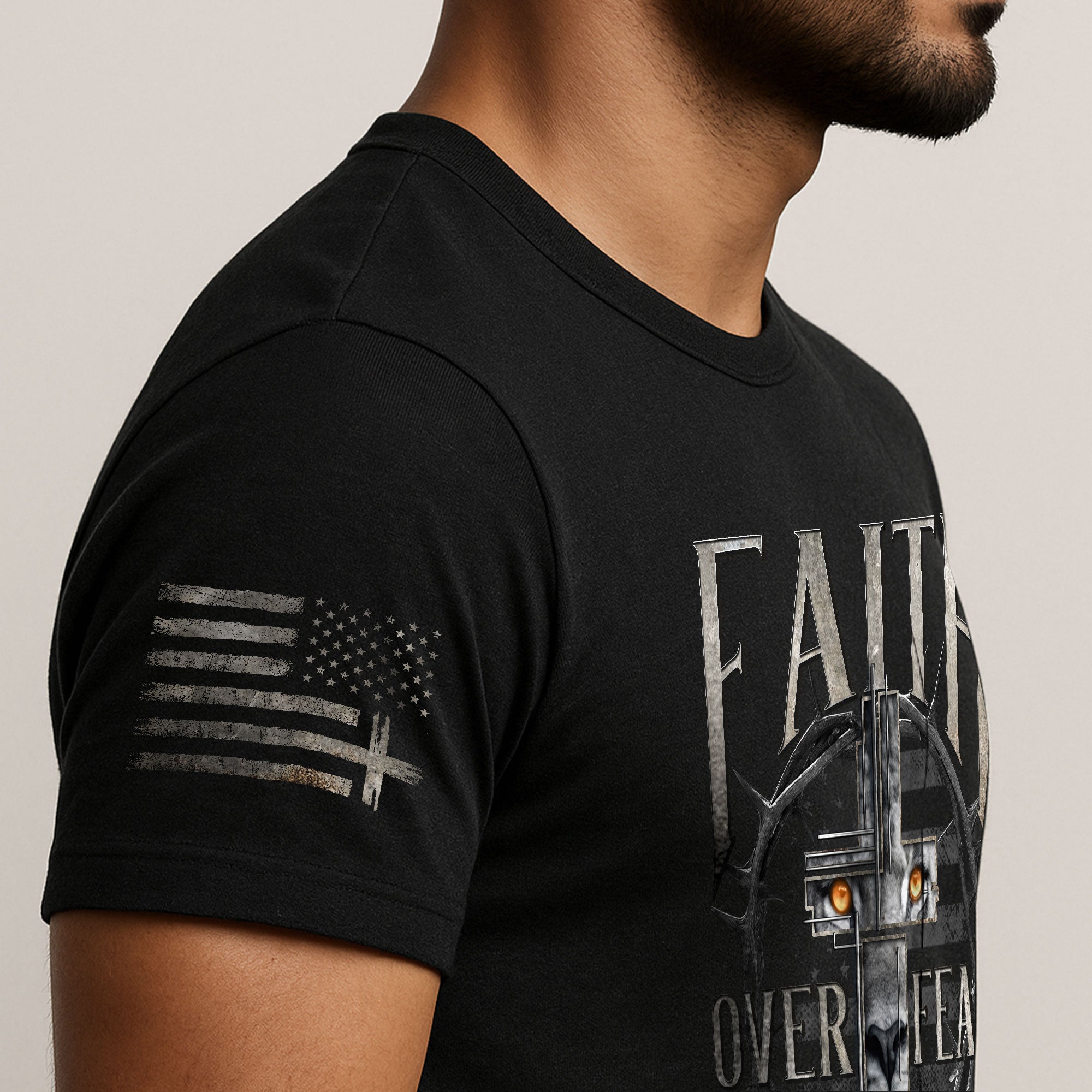 Faith Over Fear Christian T-Shirt Lion Cross Crown Design