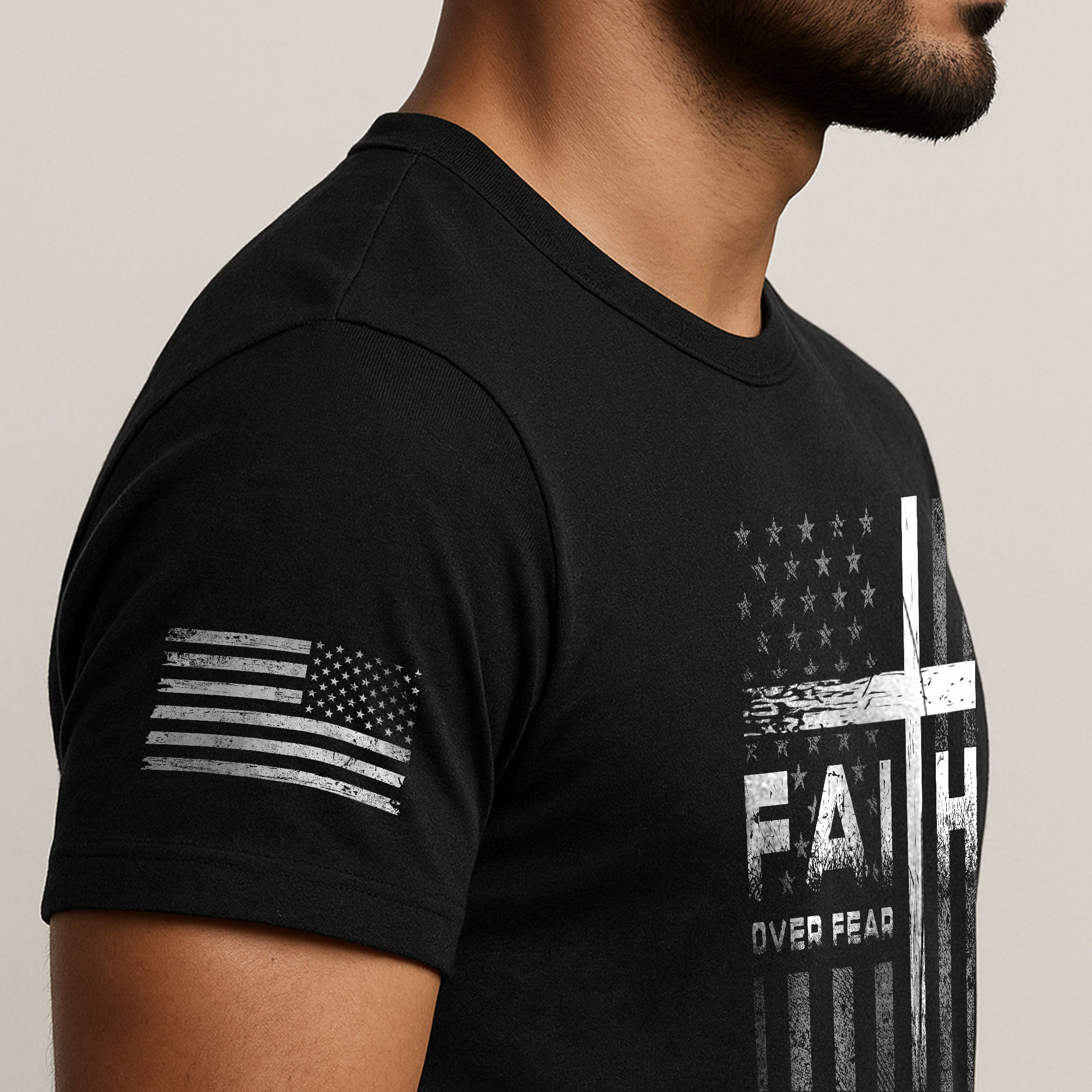 Faith Over Fear Christian T-Shirt Cross American Flag Design