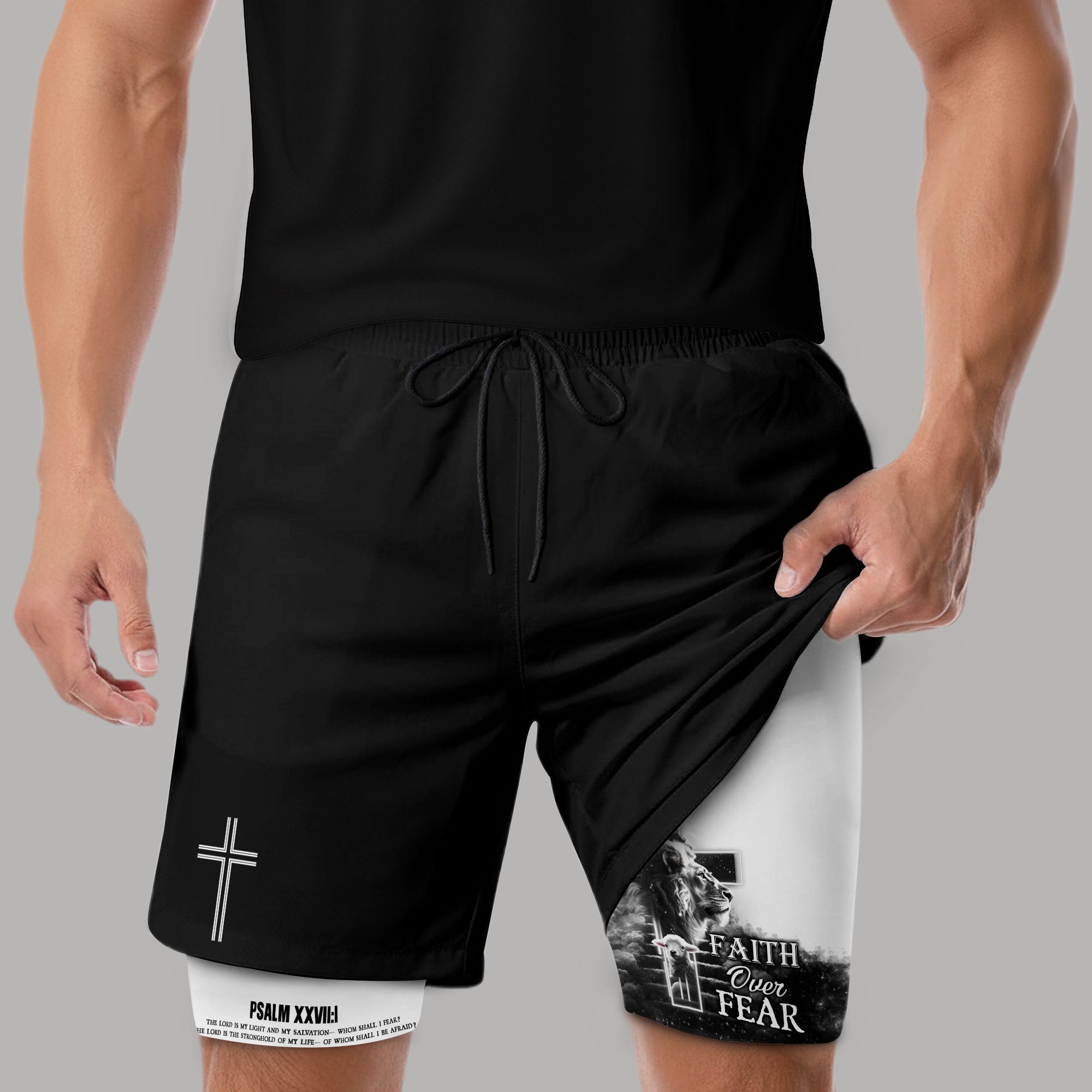 Psalm 27 1 Faith Over Fear Christian Gym Shorts for Men Lion Cross Design
