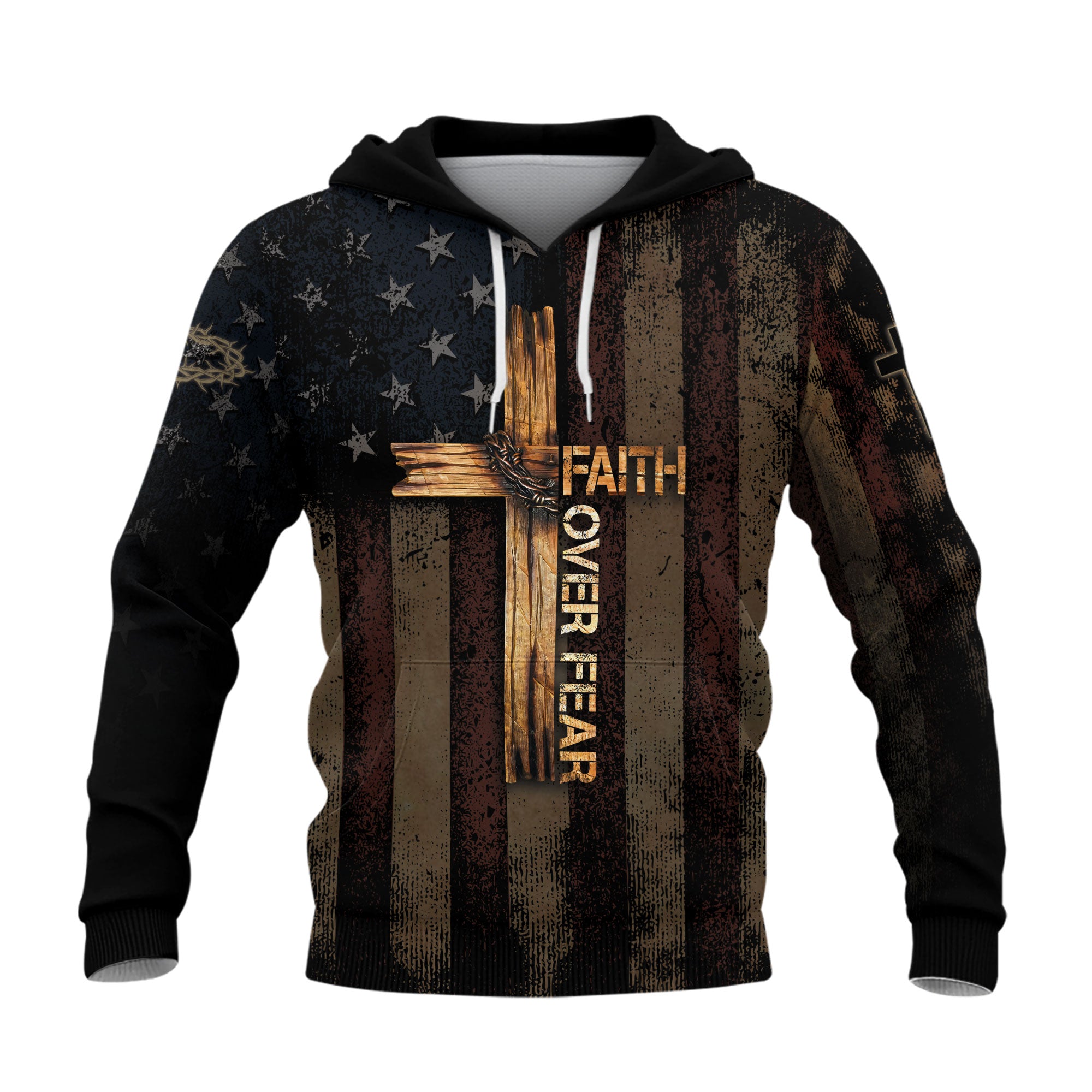 Faith Over Fear Christian Hoodie Cross American Flag Vintage Design