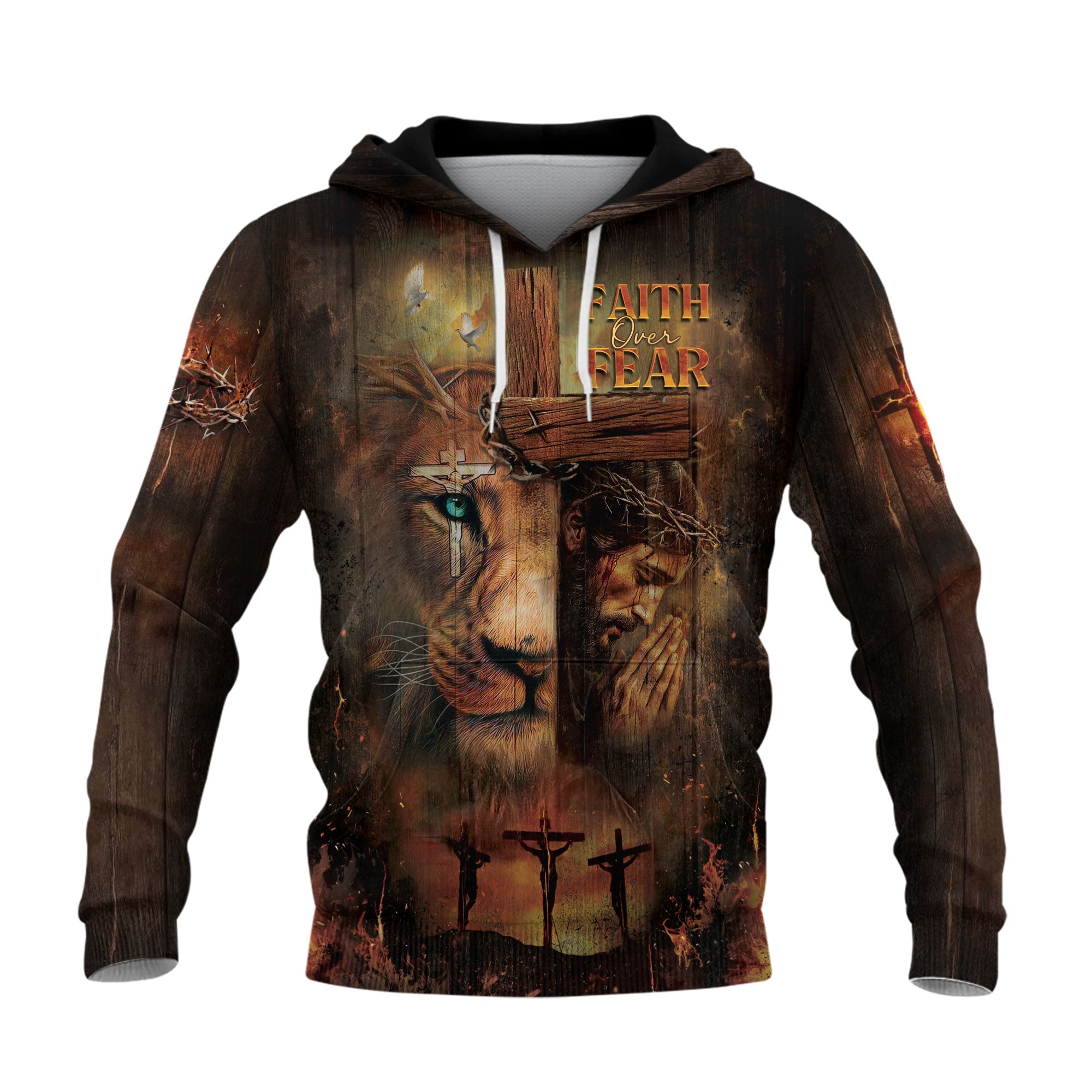 Faith Over Fear Christian Hoodie Lion Jesus Cross Design
