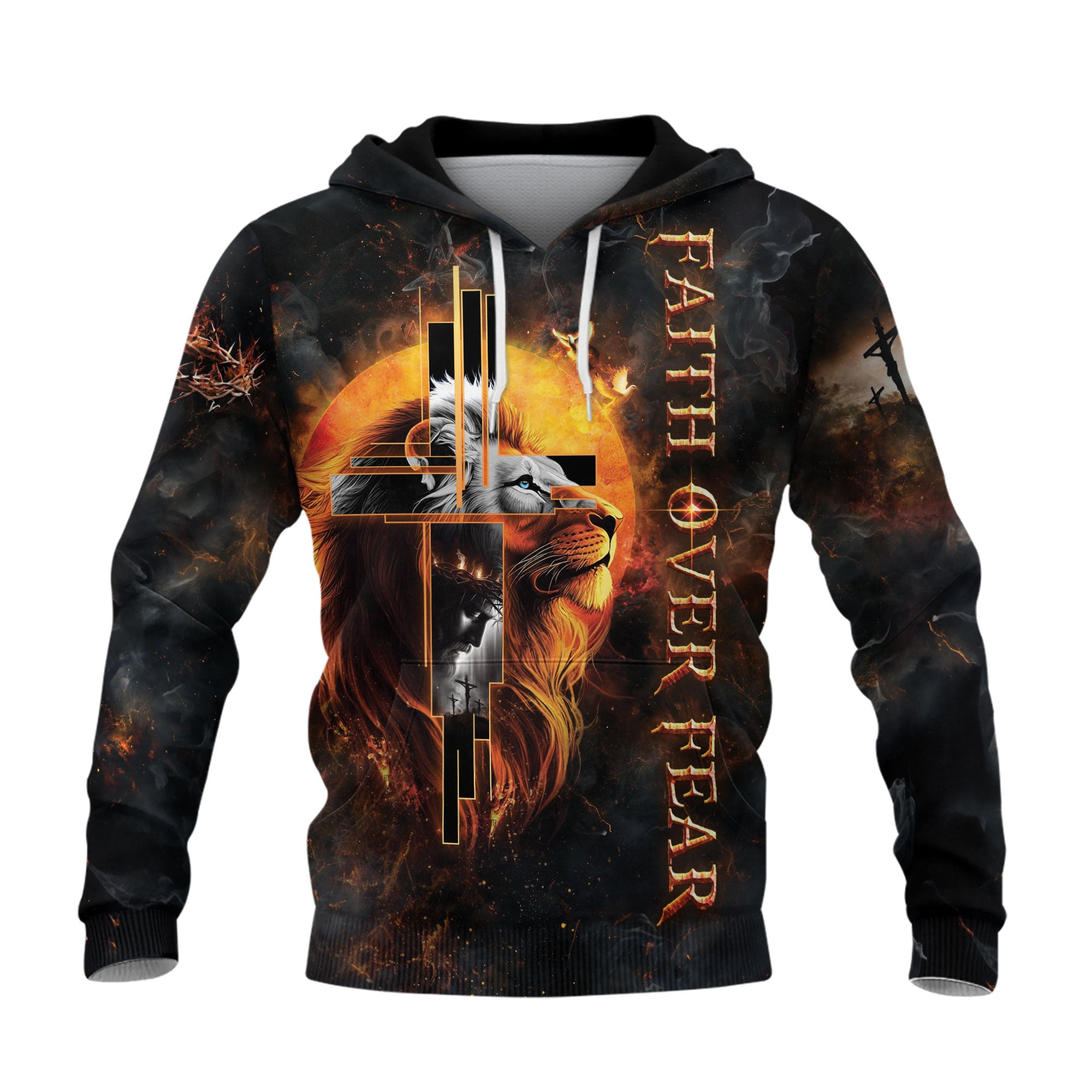 Faith Over Fear Christian Hoodie Lion Cross Jesus Fire Design