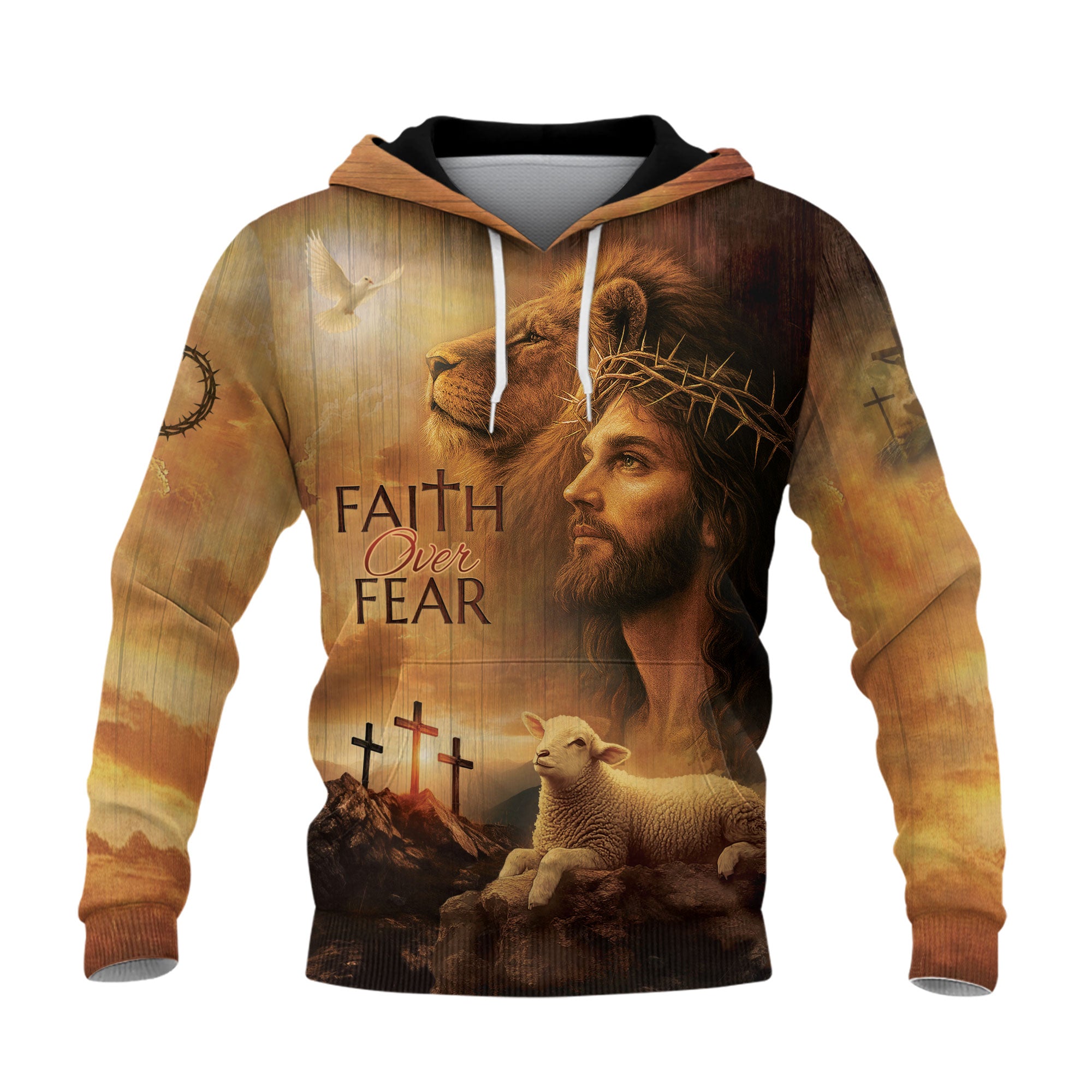Faith Over Fear Christian Hoodie Jesus Lion Lamb Cross Design