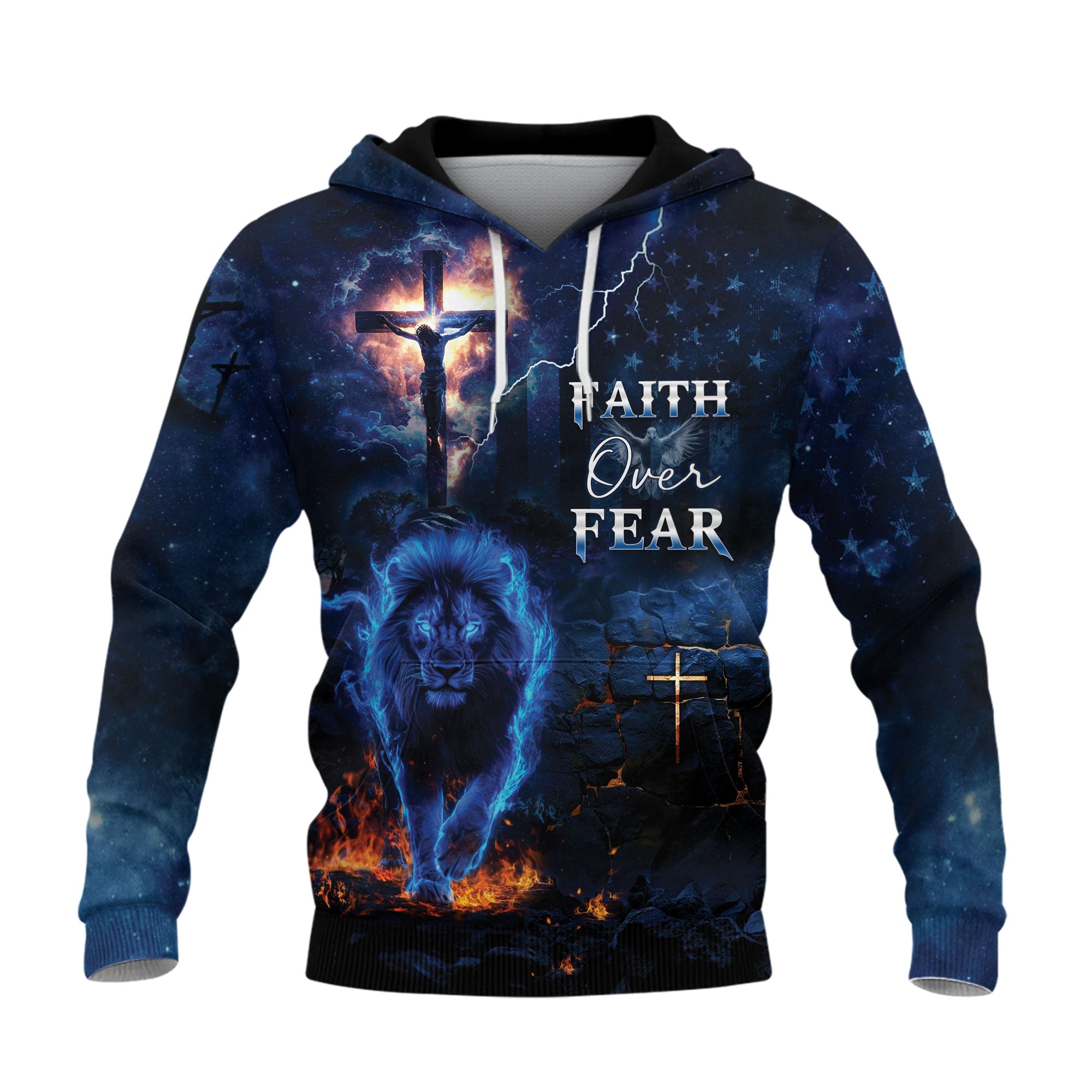 Faith Over Fear Christian Hoodie Lion Cross Blue Lightning Design