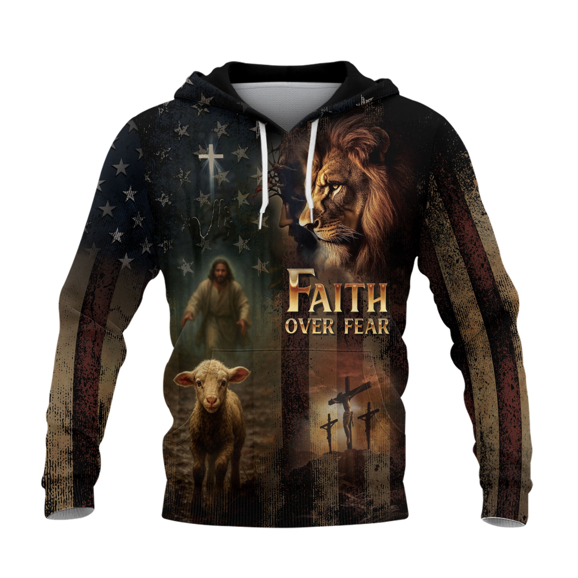 Faith Over Fear Christian Hoodie Jesus Lion Lamb Cross Flag Design
