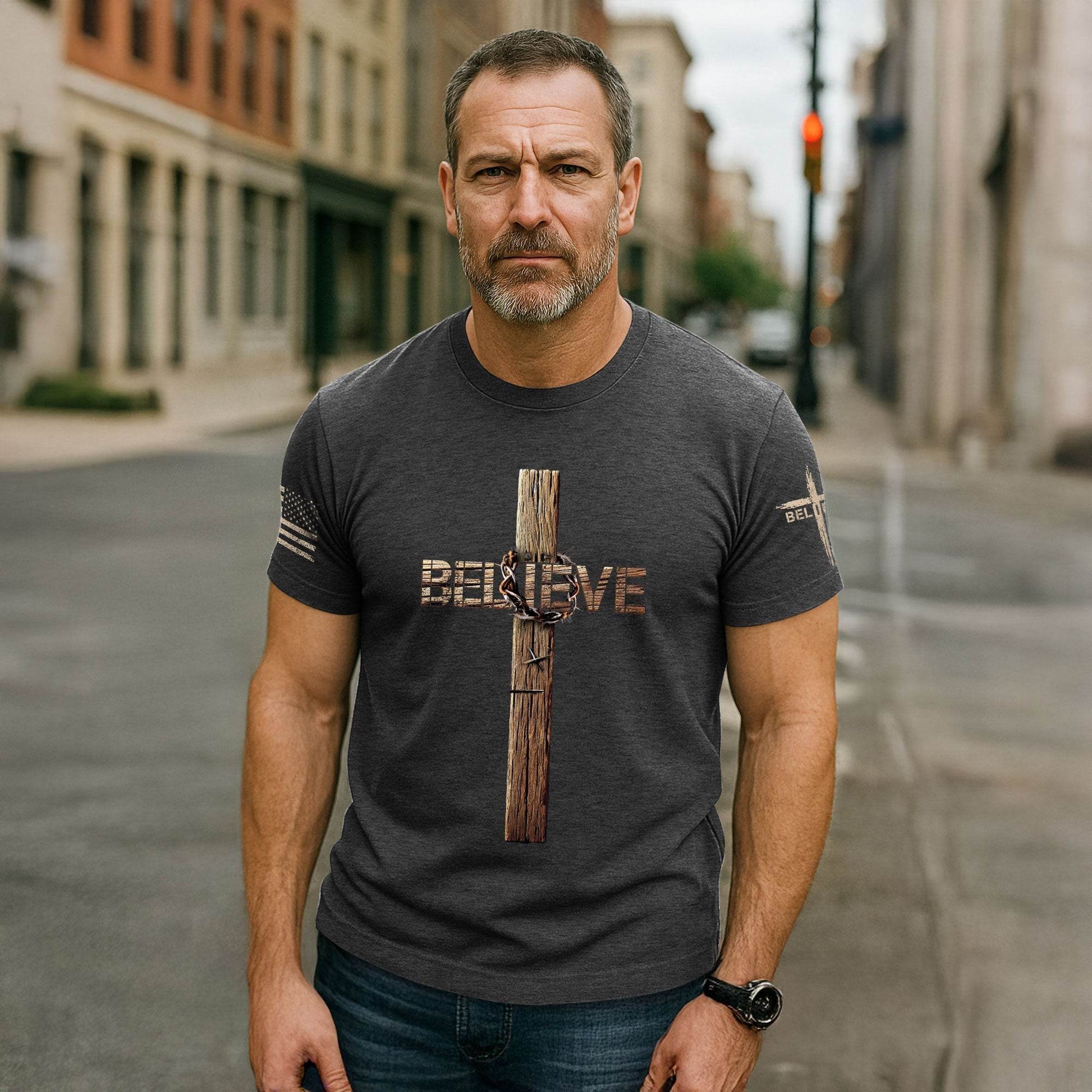 Believe Cross Crown Of Thorns Christian T-shirt - Rust Field Wear