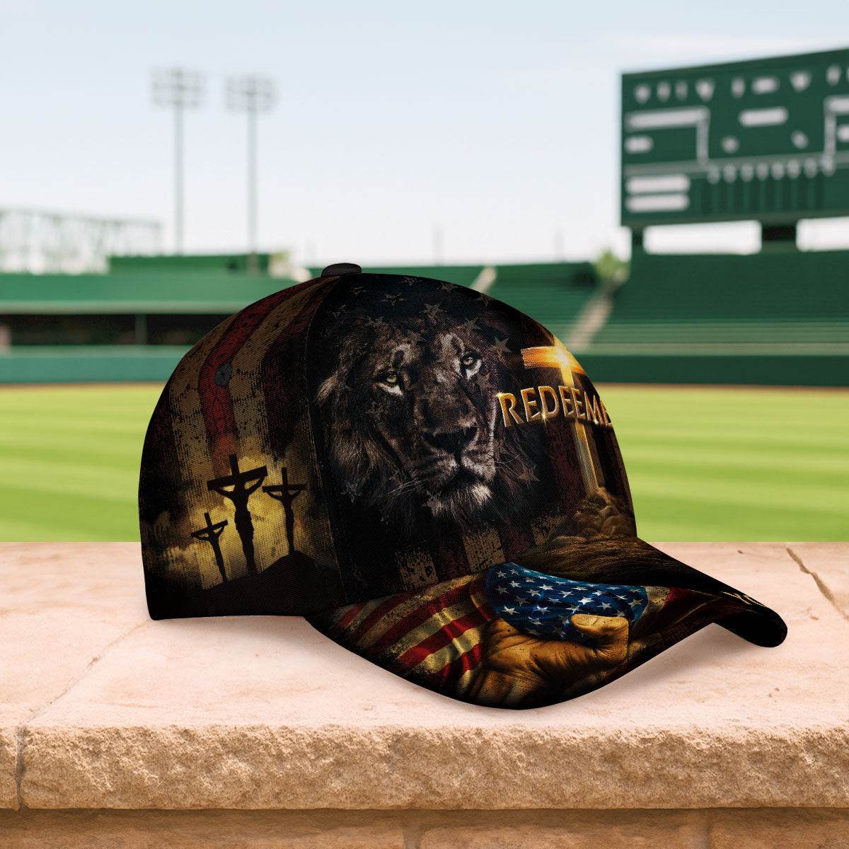 REDEEMED Lion of Judah Cap – Cross & Flag Patriotic Christian Personalized Hat - Rust Field Wear