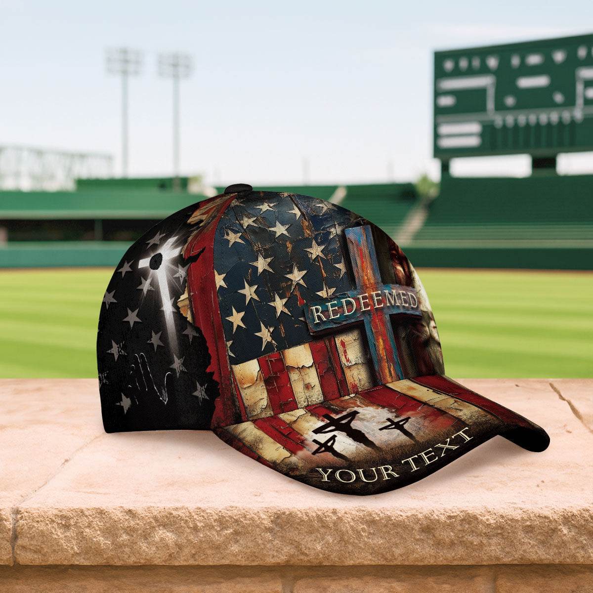 REDEEMED Christian Flag Cap – Jesus Face & Cross Patriotic Personalized Hat - Rust Field Wear