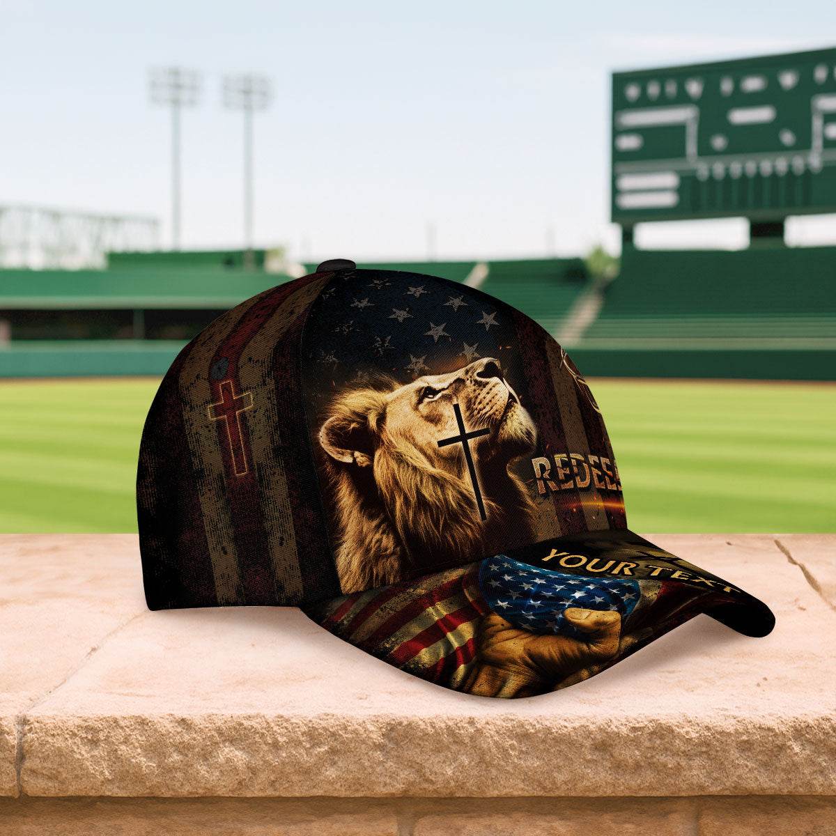 REDEEMED Patriotic Christian Hat – Lion, Cross & Crown of Thorns Personalized Design - Rust Field Wear