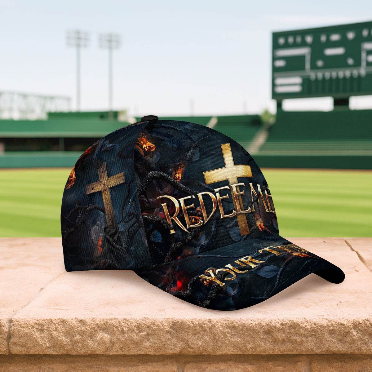 REDEEMED Cross Fire Cap – Bold Christian Statement Hat (Custom Text) - Rust Field Wear