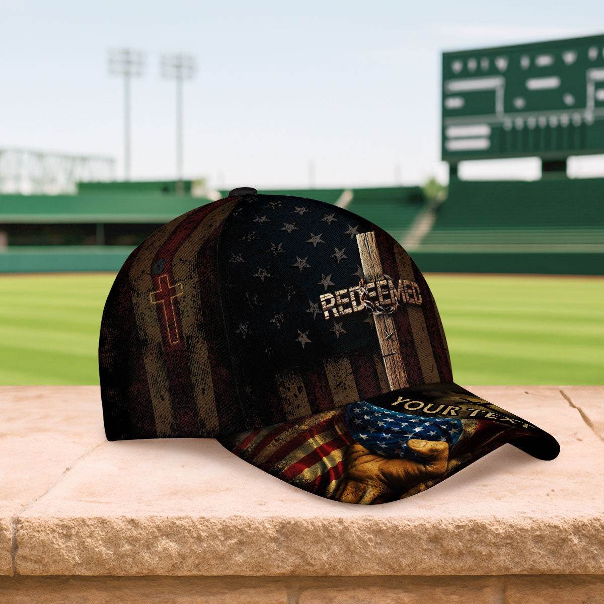 REDEEMED American Flag Cross Cap – Personalized Christian Hat - Rust Field Wear
