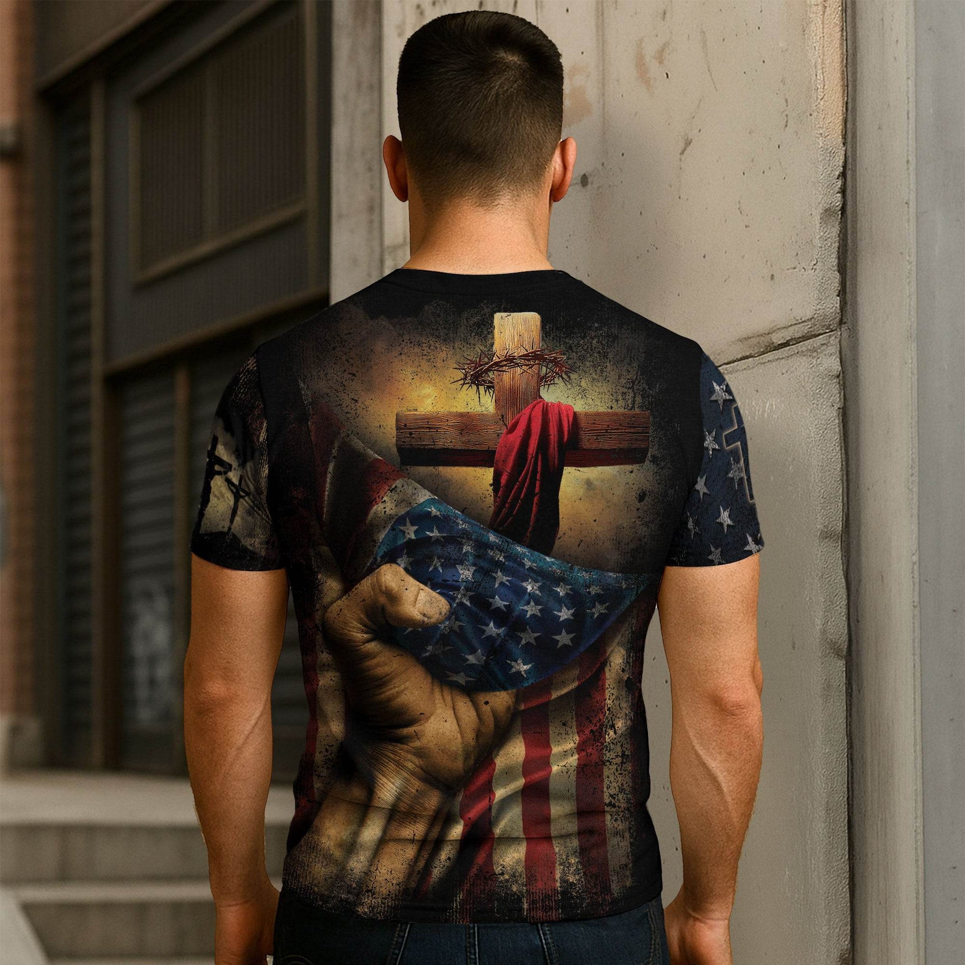 Believe in the Cross | American Christian Faith Tee with Crucified Savior - Rust Field Wear