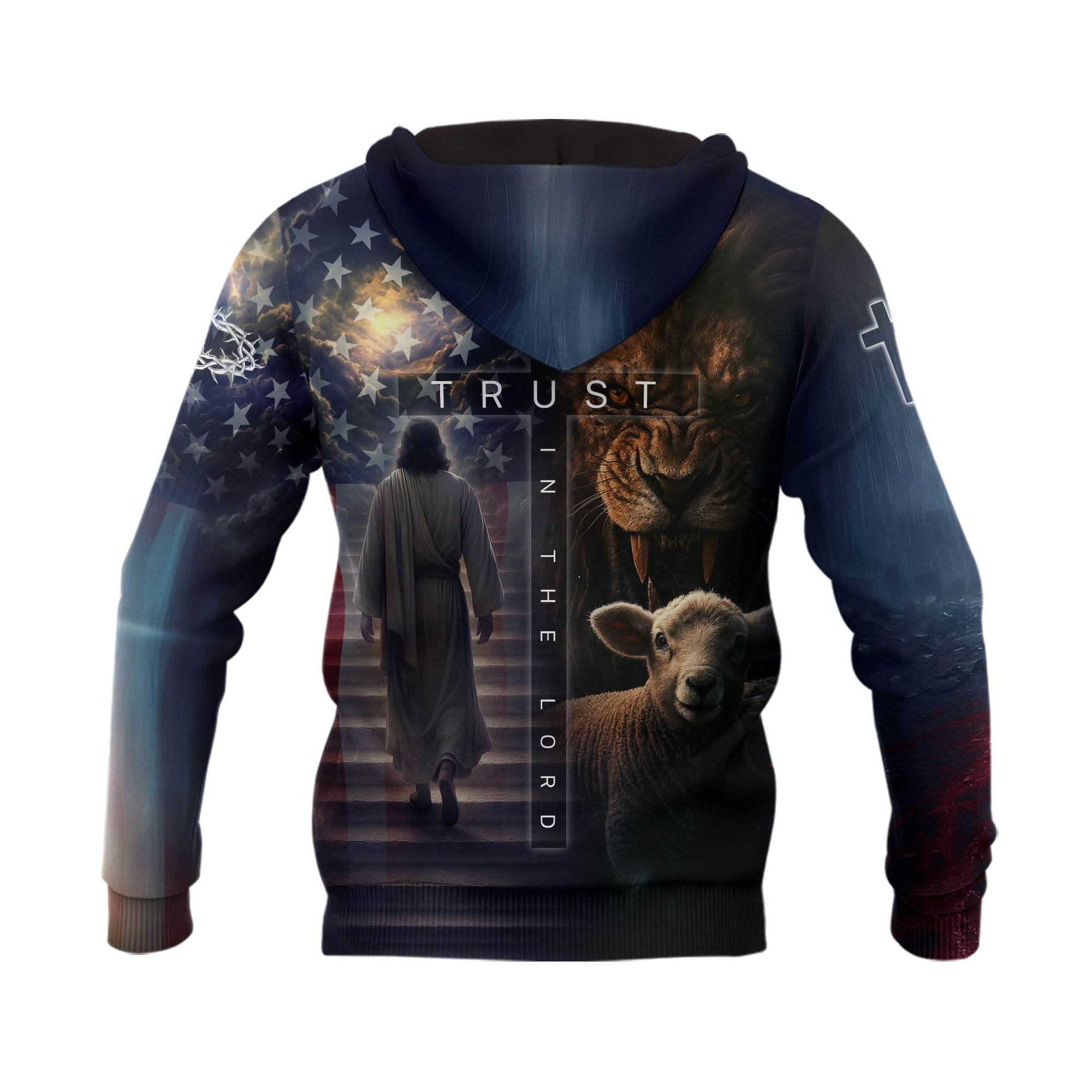 Trust In The Lord Lion & Cross American Flag Christian Hoodie - Rust Field Wear
