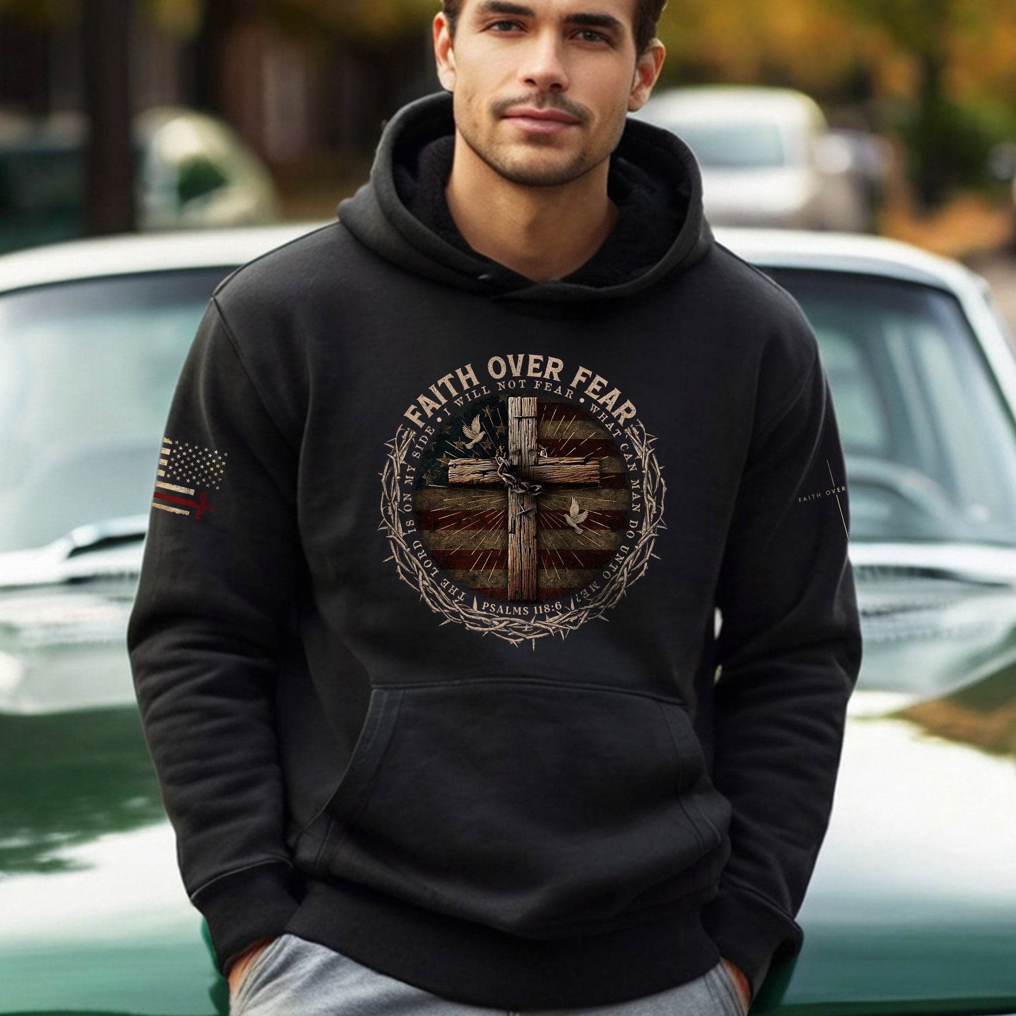 Faith Over Fear Crown Of Thorns Cross And Flag Hoodie - Rust Field Wear
