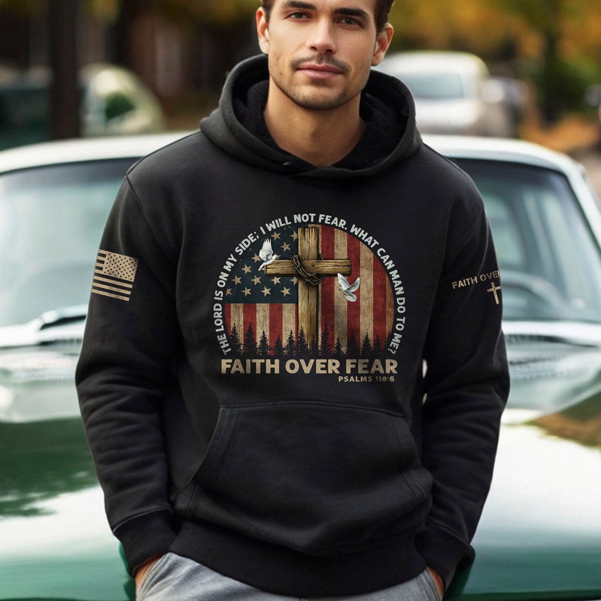 Faith Over Fear Hoodie – Psalms 118:6 Cross, Doves & Flag - Rust Field Wear