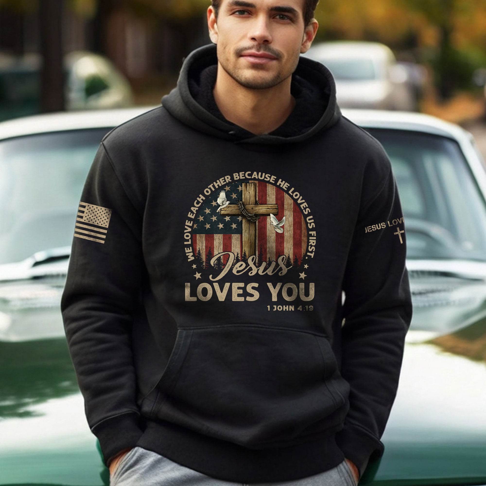 Jesus Loves You Hoodie – 1 John 4:19 Cross, Doves & Flag - Rust Field Wear