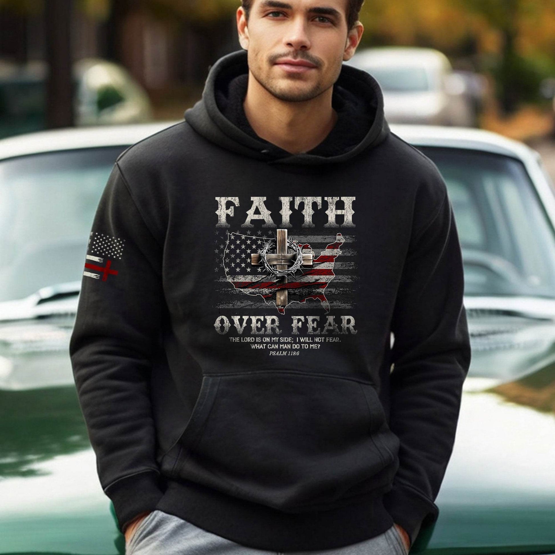 Faith Over Fear Christian Hoodie – Psalm 118:6 Cross & Flag - Rust Field Wear