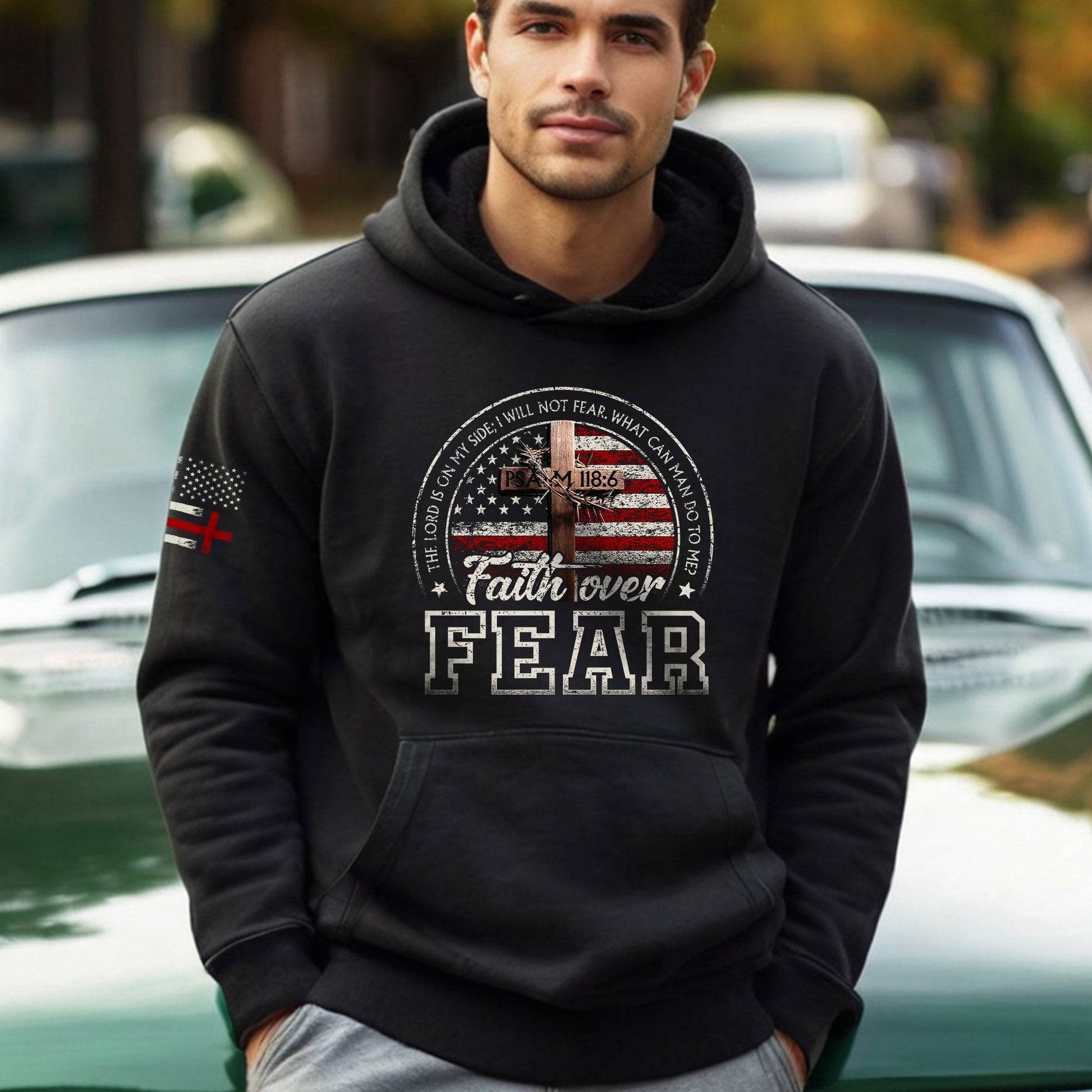 Faith Over Fear Hoodie – Psalm 118:6 Cross & American Flag - Rust Field Wear
