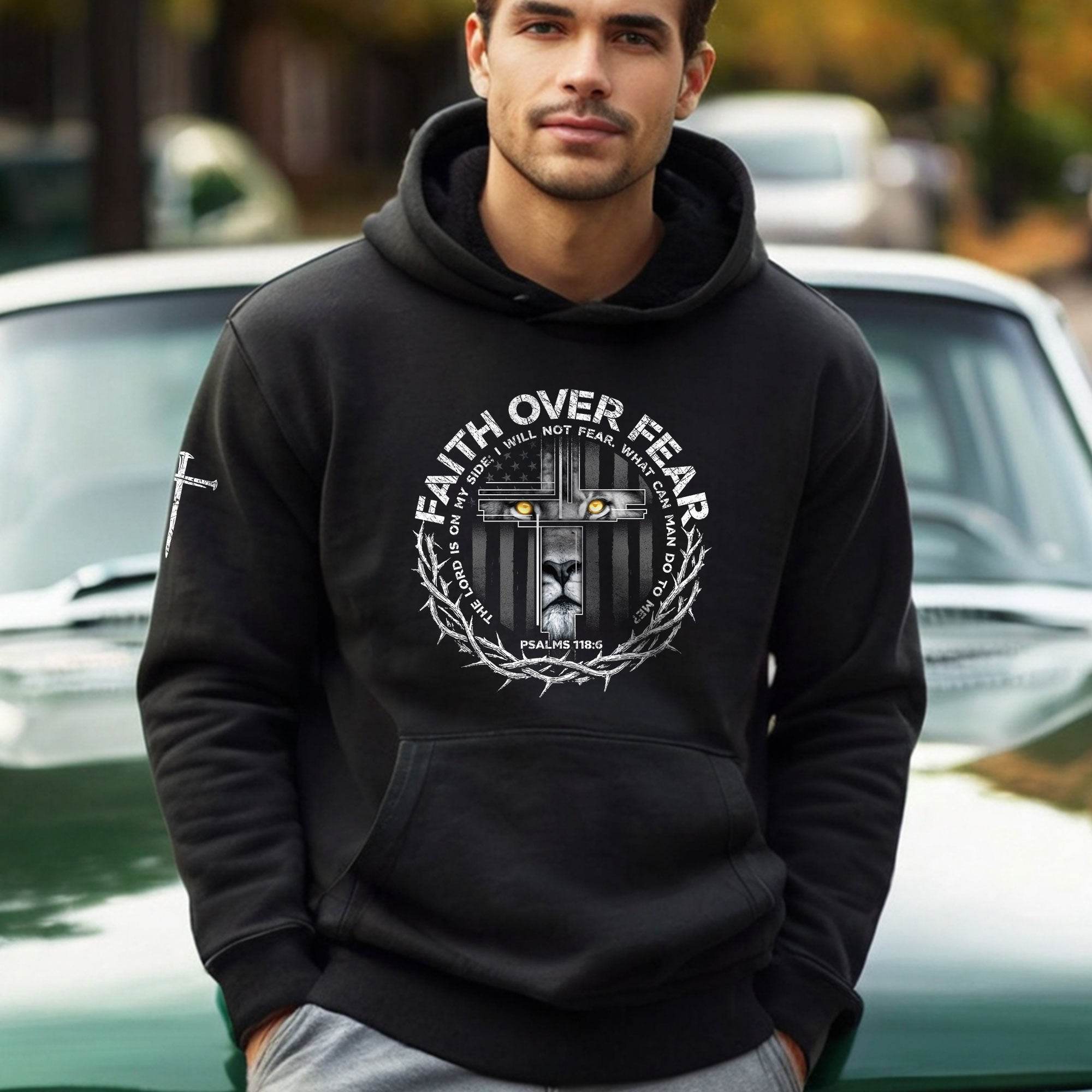 Faith Over Fear Lion Cross Crown of Thorns Psalms 118:6 Hoodie - Rust Field Wear