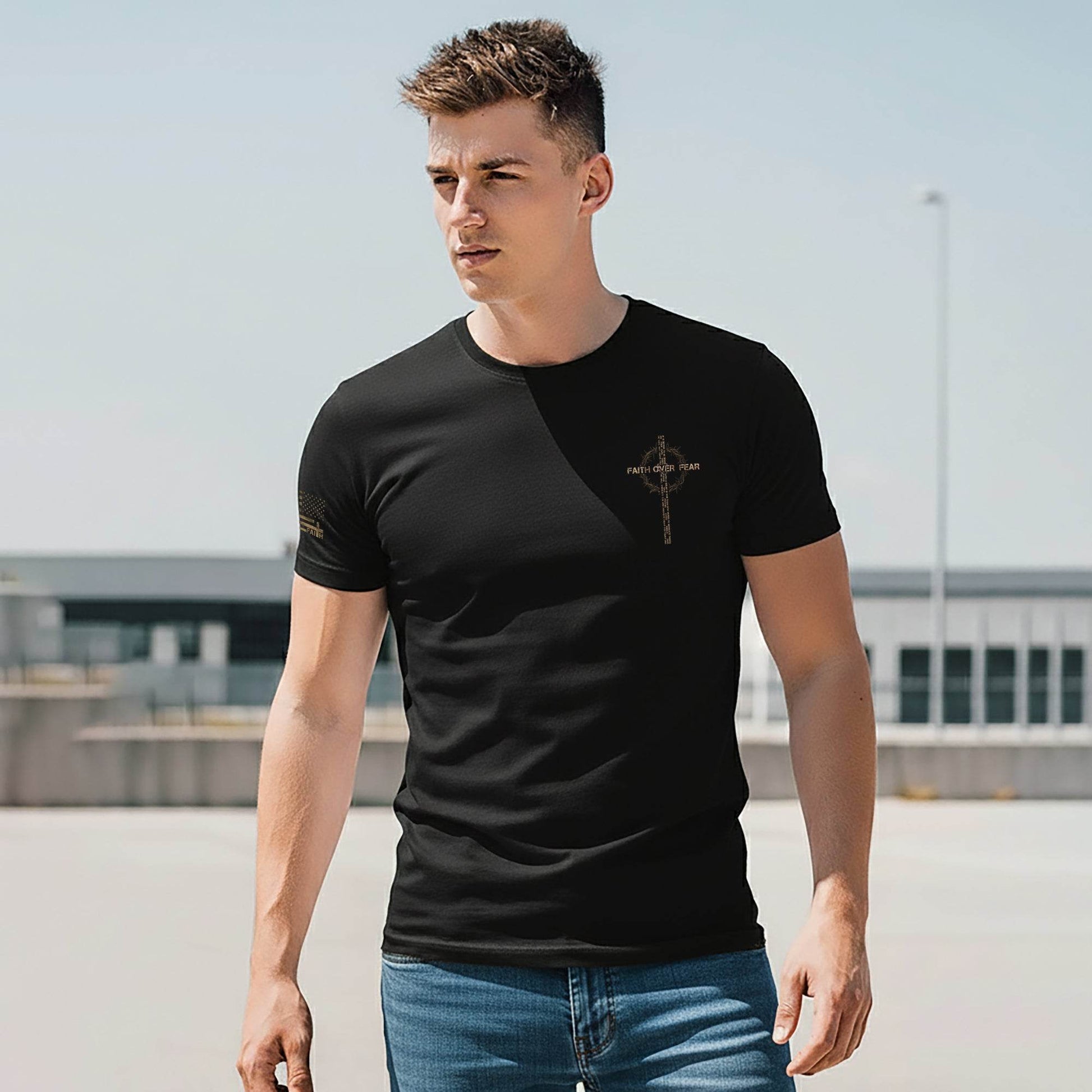 Faith Over Fear T-Shirt – Crown of Thorns Cross with Scripture Quote - Rust Field Wear