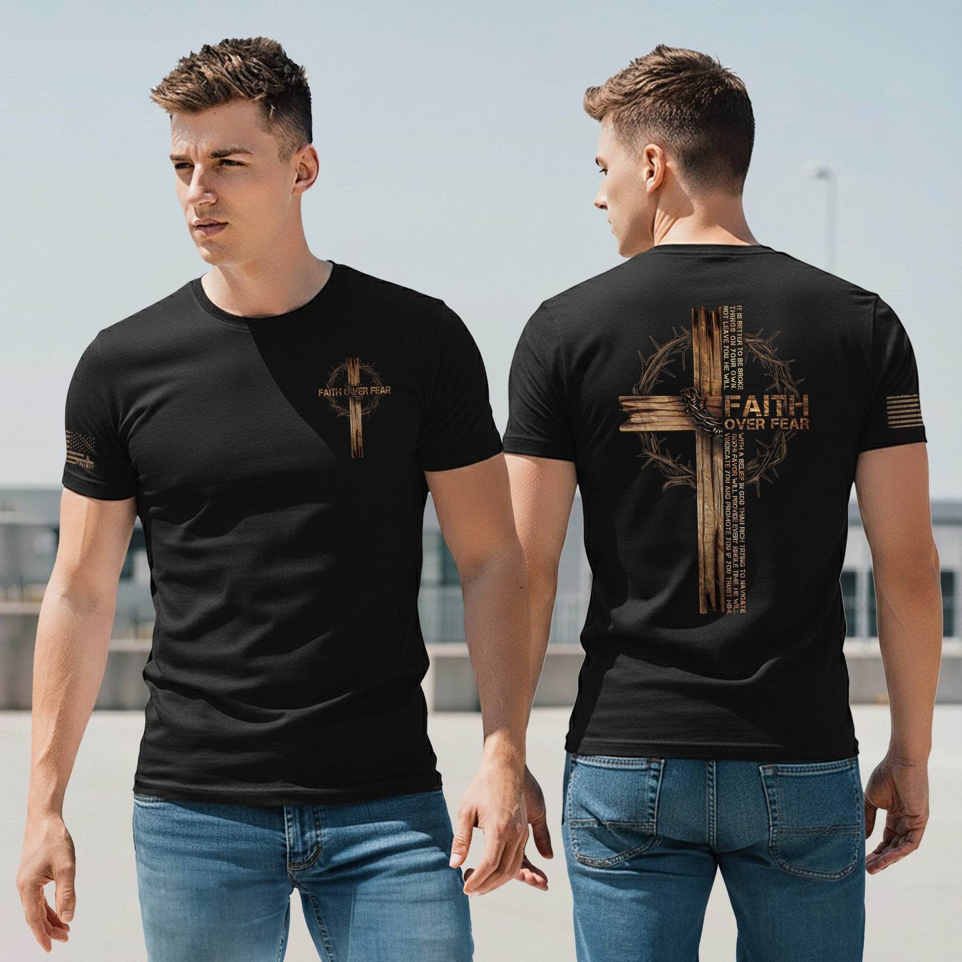 Faith Over Fear Wooden Cross Crown of Thorns T-Shirt - Rust Field Wear