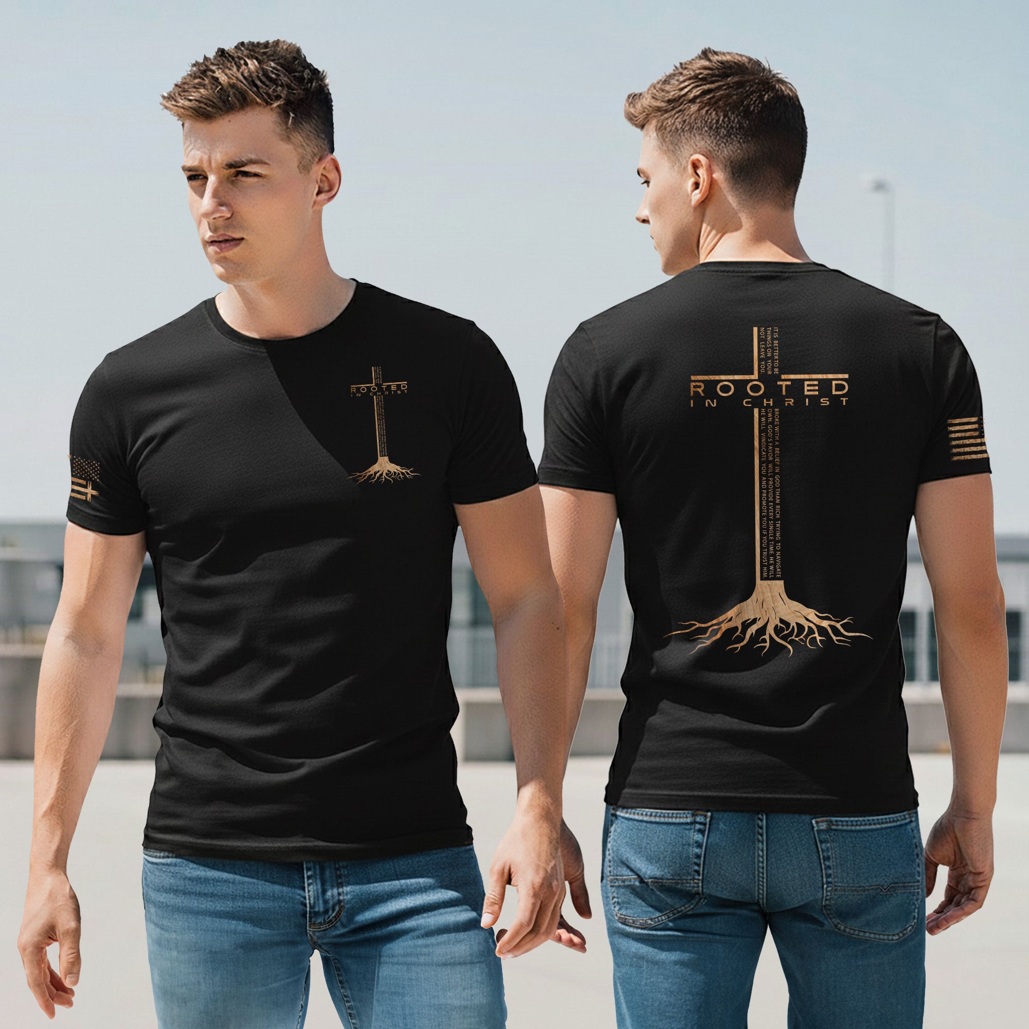 Rooted In Christ Scripture Cross Back Print Christian T-Shirt
