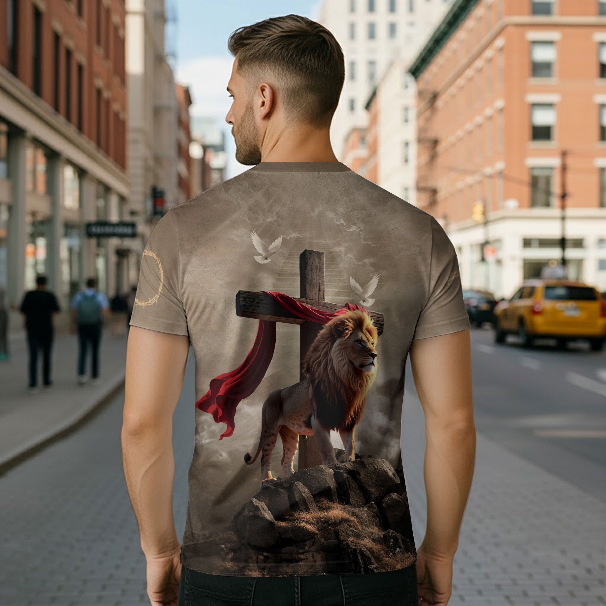 Faith Over Fear Christian T-Shirt Lion Cross Desert Light Design