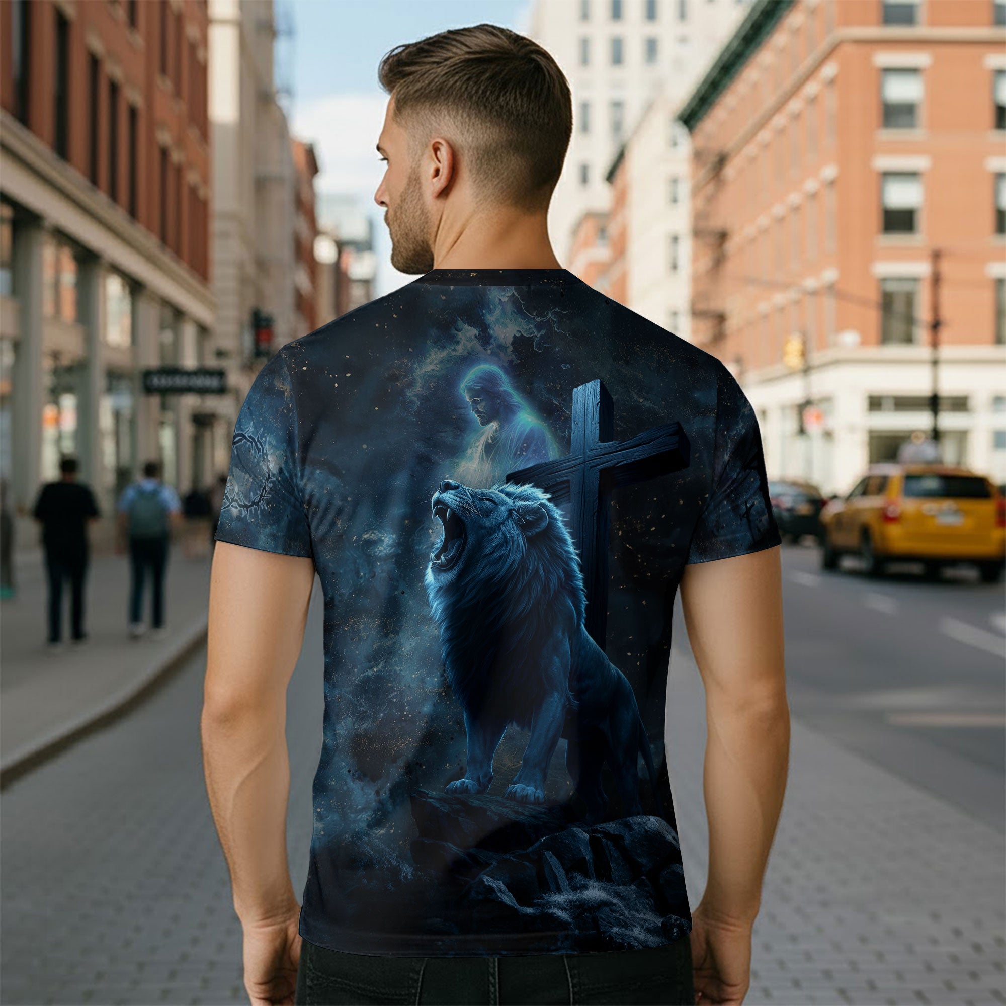 Redeemed Christian T-Shirt Lion Warrior Cross Blue Night Design