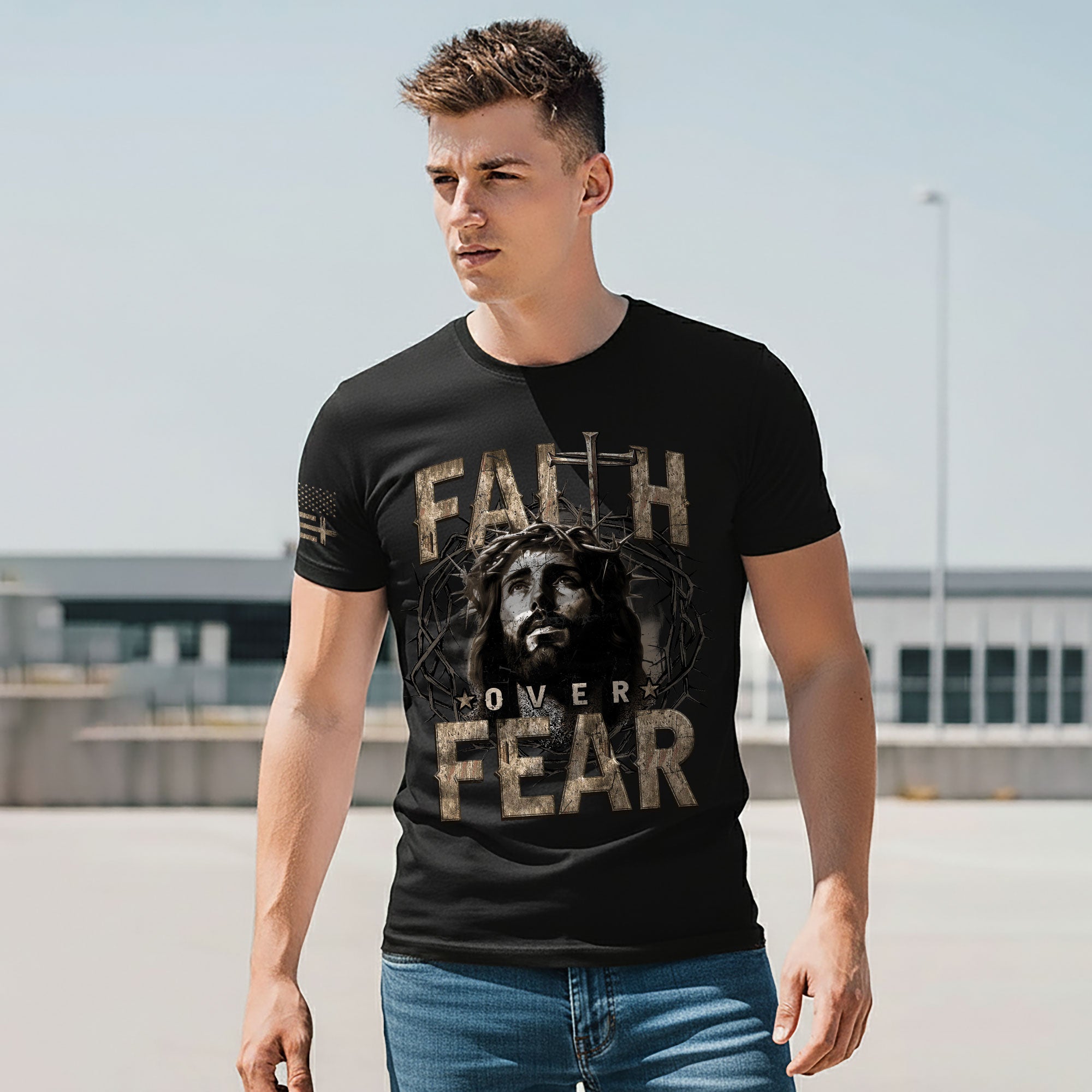 Faith Over Fear Christian T-Shirt Jesus Crown Cross Design