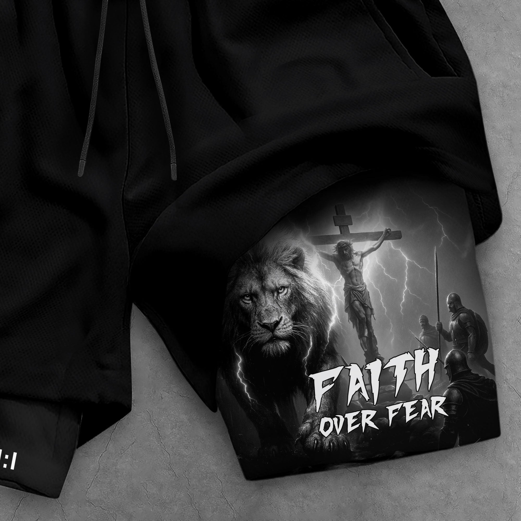 Psalm 27 1 Faith Over Fear Christian Gym Shorts Lion and Cross Design