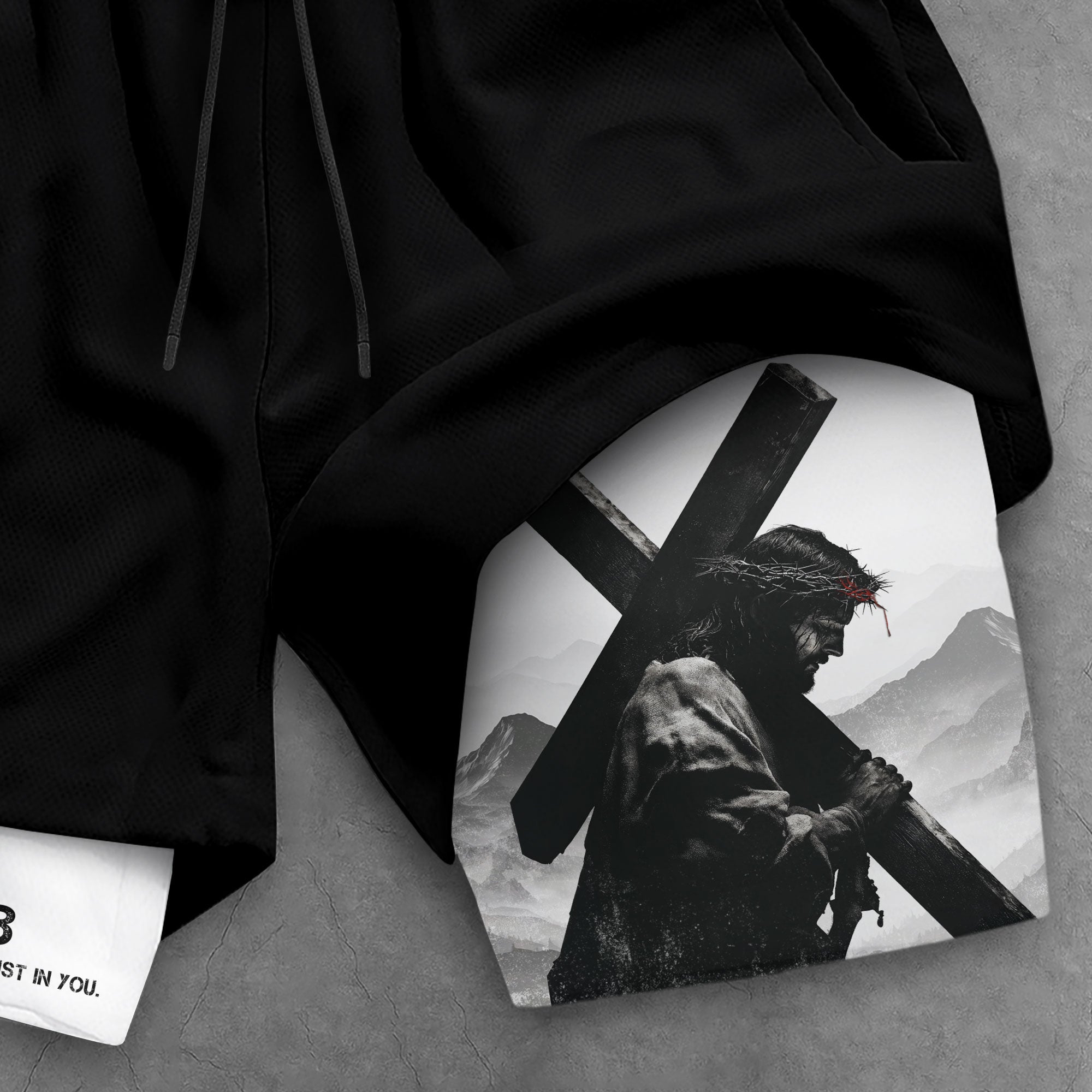 Psalm 56 3 Jesus Carrying the Cross Christian Gym Shorts