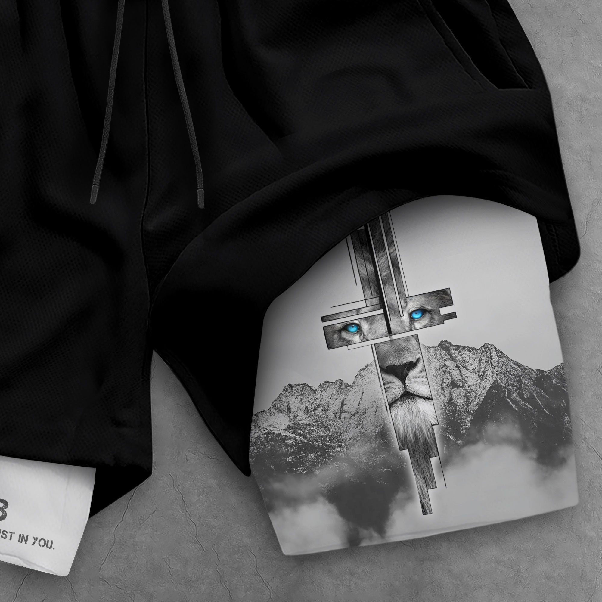 Psalm 56 3 Lion Cross Christian Gym Shorts Eyes of Faith