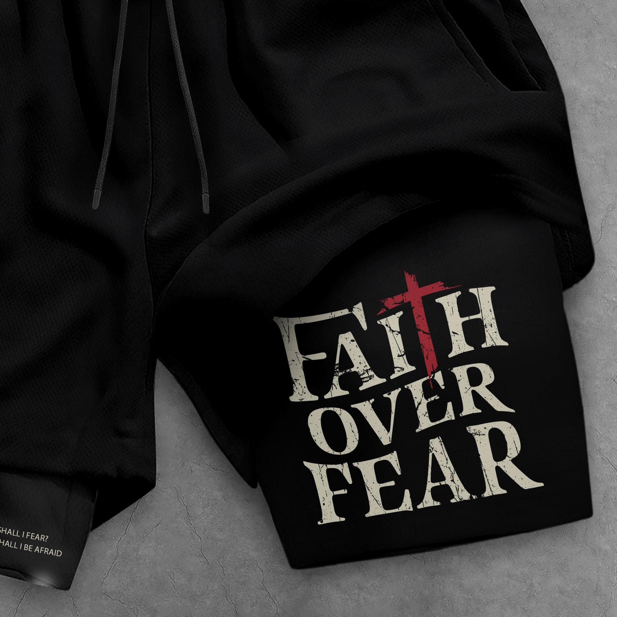 Faith Over Fear Christian Gym Shorts for Men Psalm 27 1 Red Cross