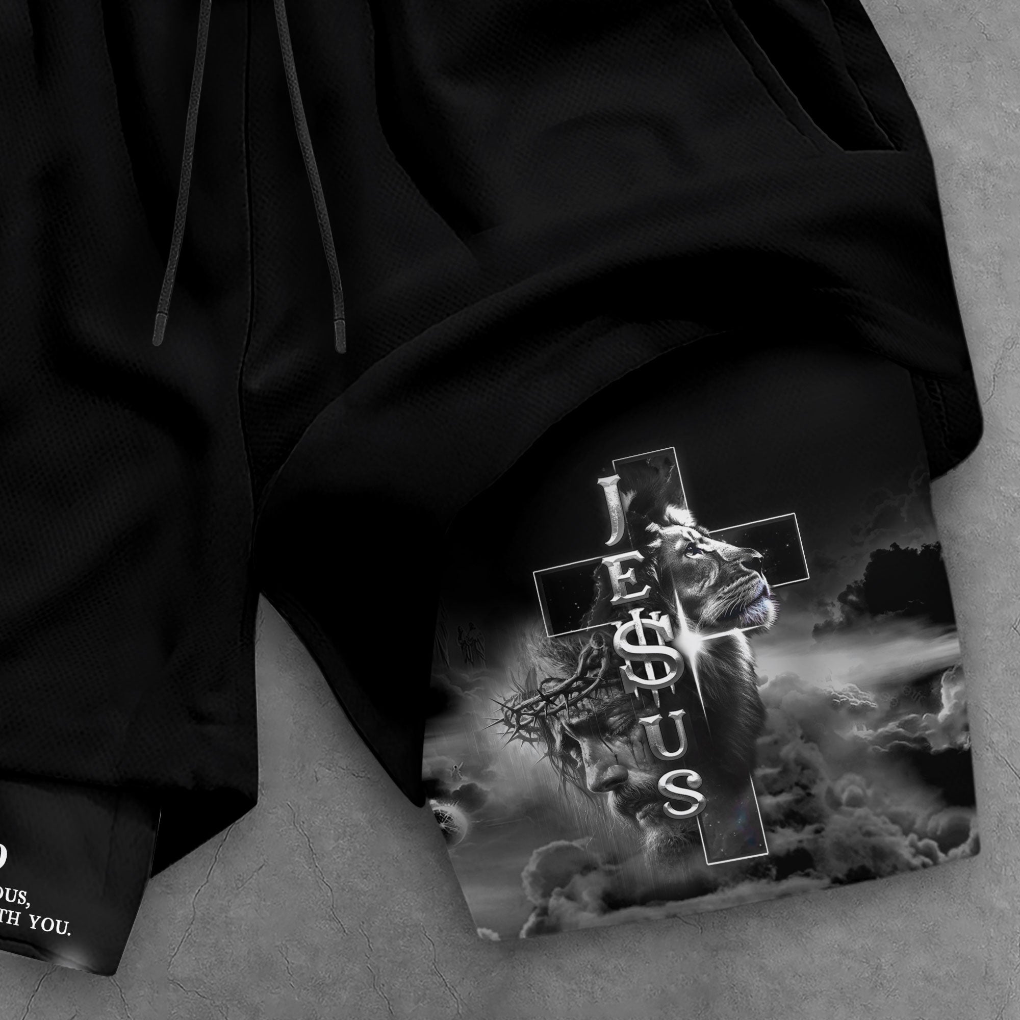 Joshua 1 9 Christian Gym Shorts for Men Jesus Lion Cross Design