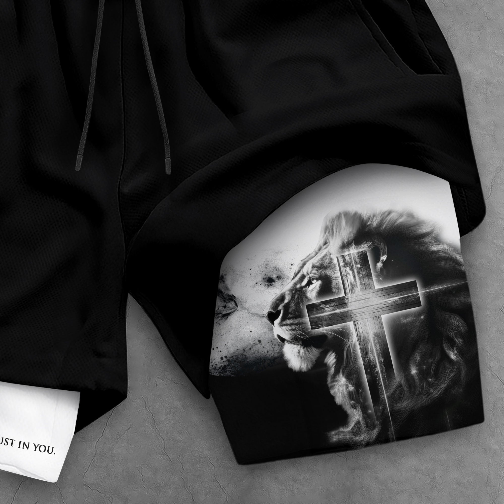 Psalm 56 3 Christian Gym Shorts for Men Lion Cross Faith Design