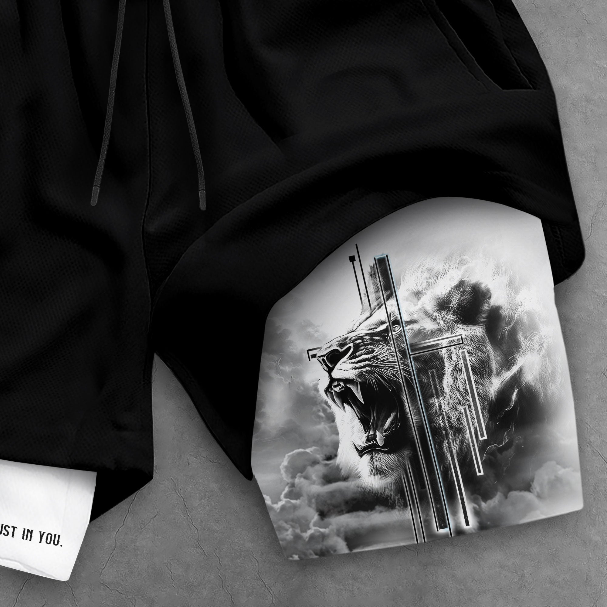 Psalm 56 3 Christian Gym Shorts for Men Fearless Lion Cross Design