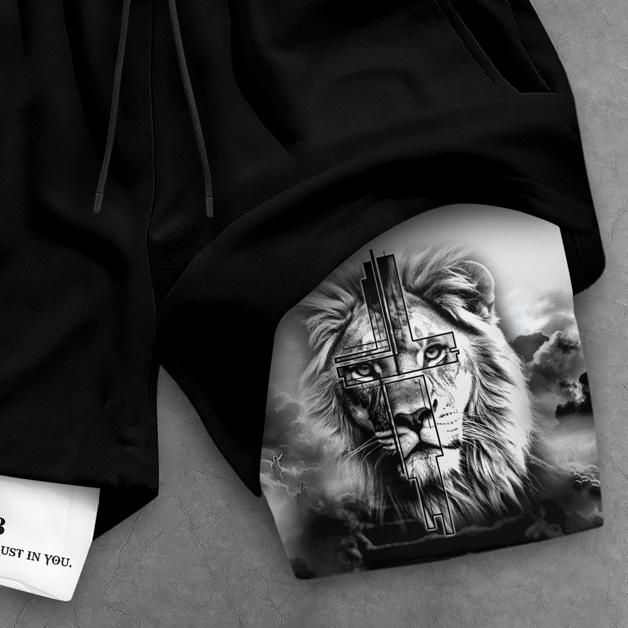 Psalm 56 3 Christian Gym Shorts for Men Trust in God Lion Cross Design