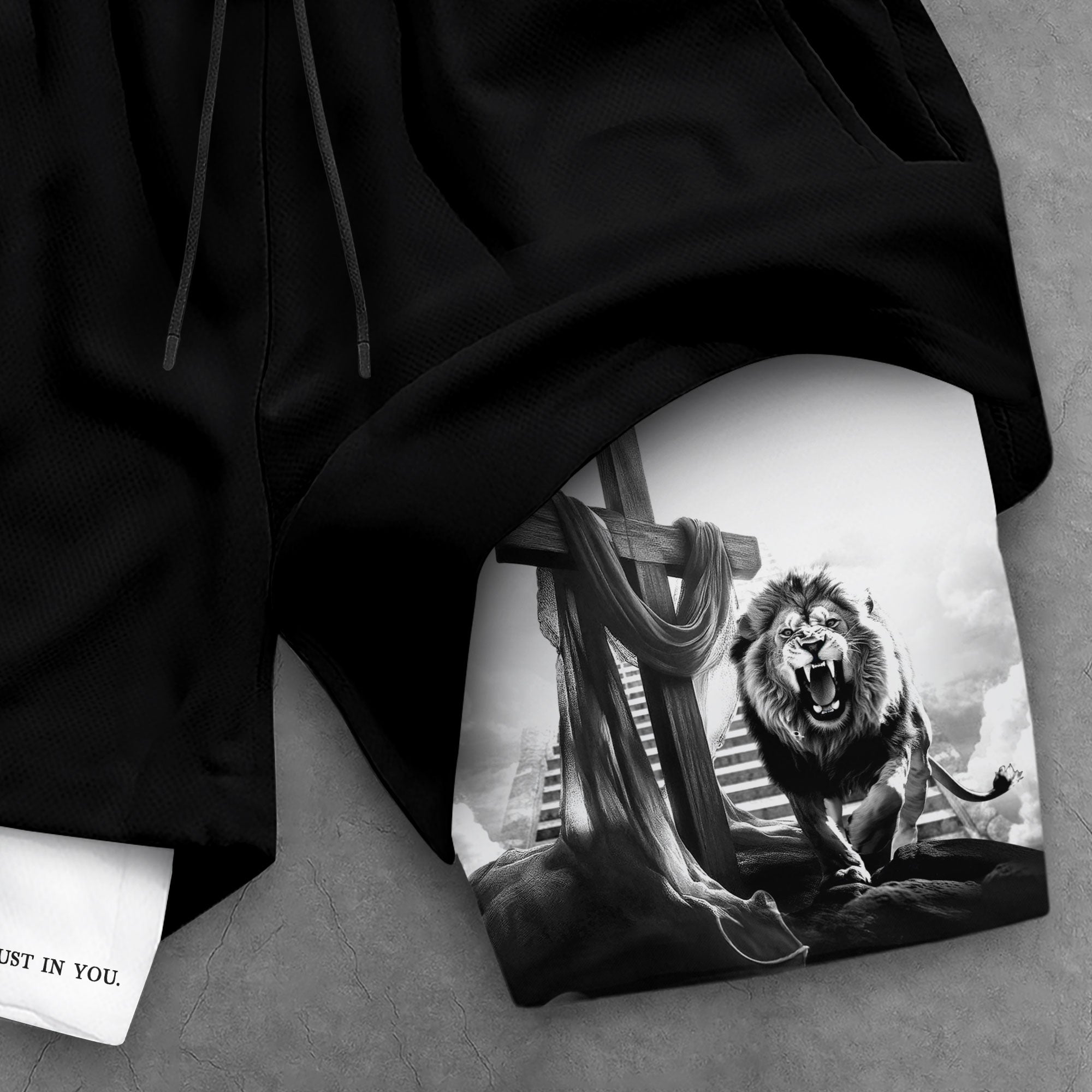 Psalm 56 3 Christian Gym Shorts for Men Lion Cross Stairway Design
