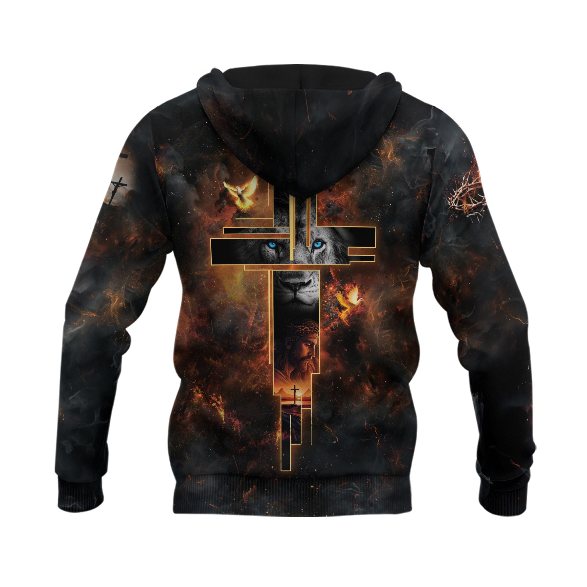 Faith Over Fear Christian Hoodie Lion Cross Jesus Fire Design