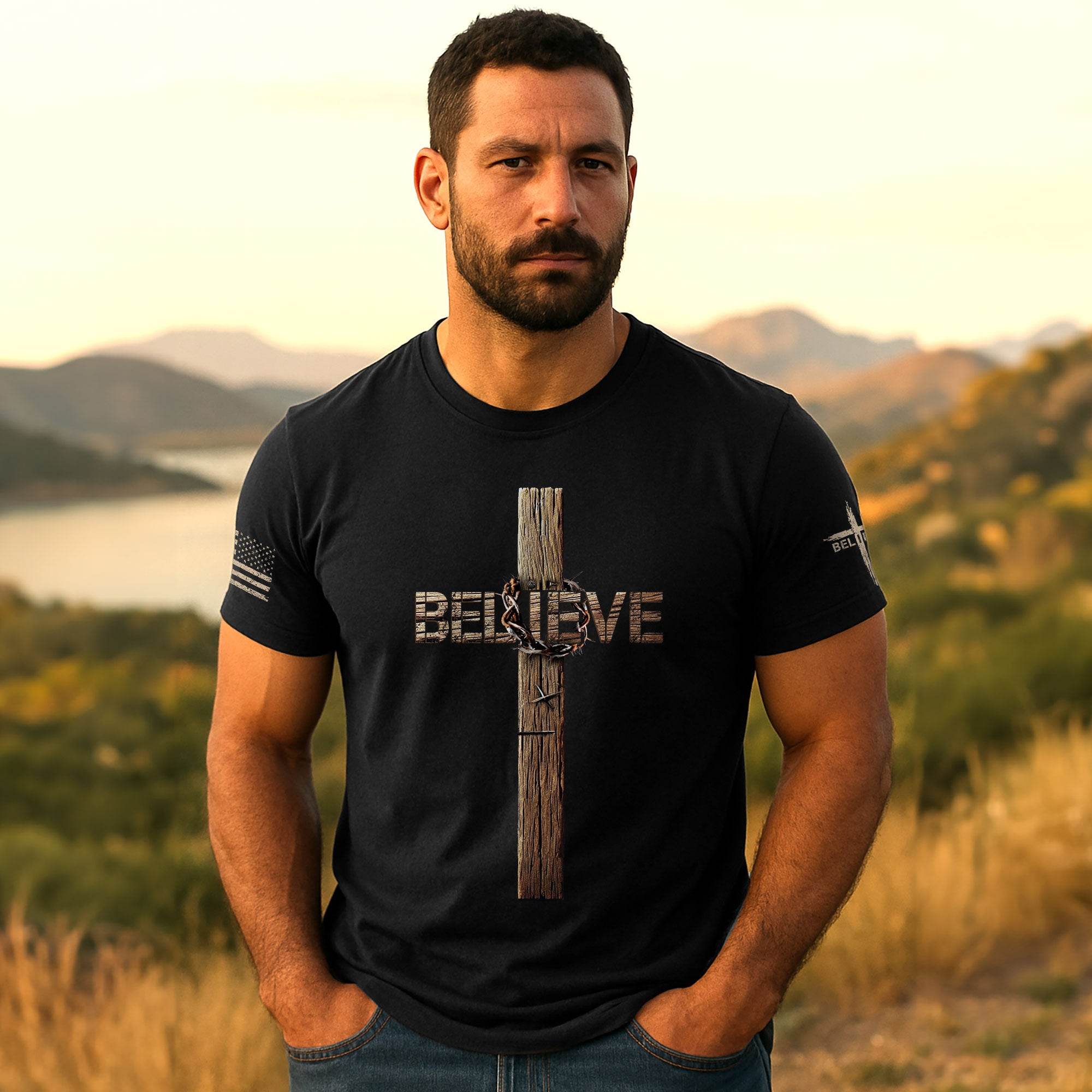 Believe Cross Crown Of Thorns Christian T-shirt - Rust Field Wear