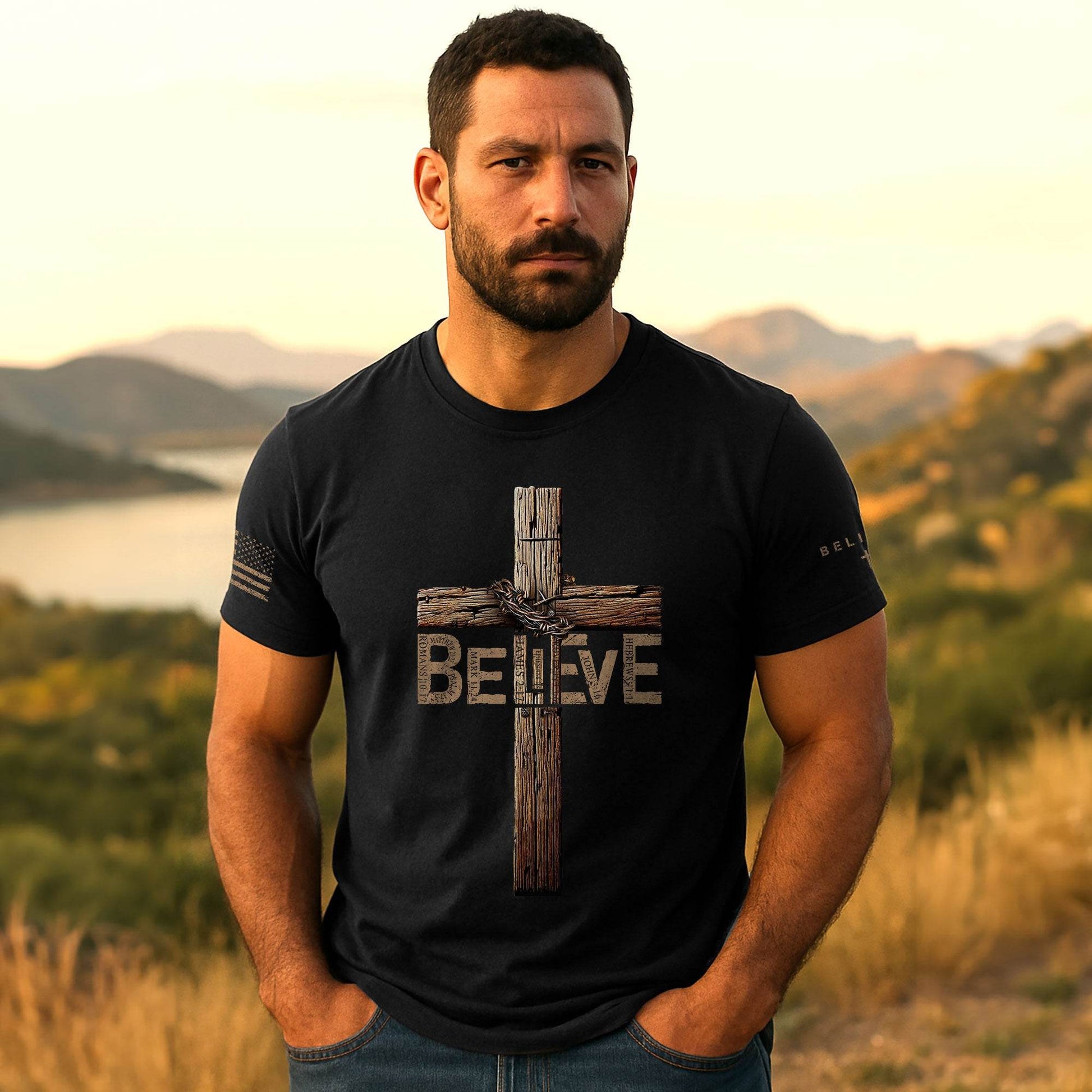 Believe In The Cross – Rustic Wood Christian T-shirt - Rust Field Wear