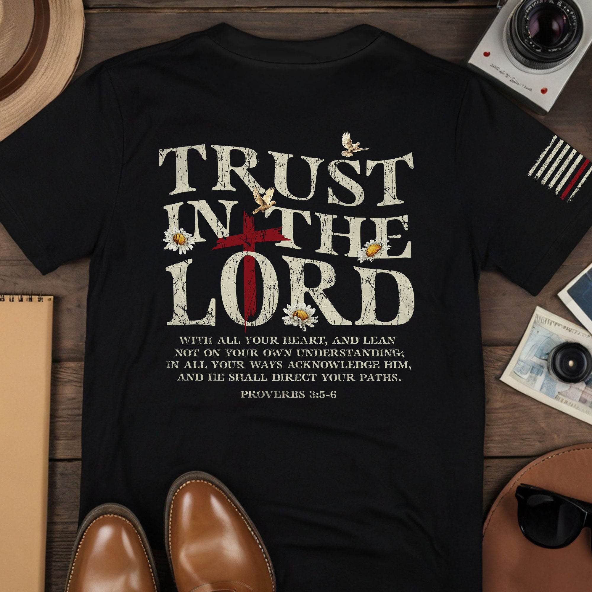 Trust in the Lord Shirt – Christian American Flag Tee, Proverbs 3:5-6 Bible Verse T-Shirt - Rust Field Wear