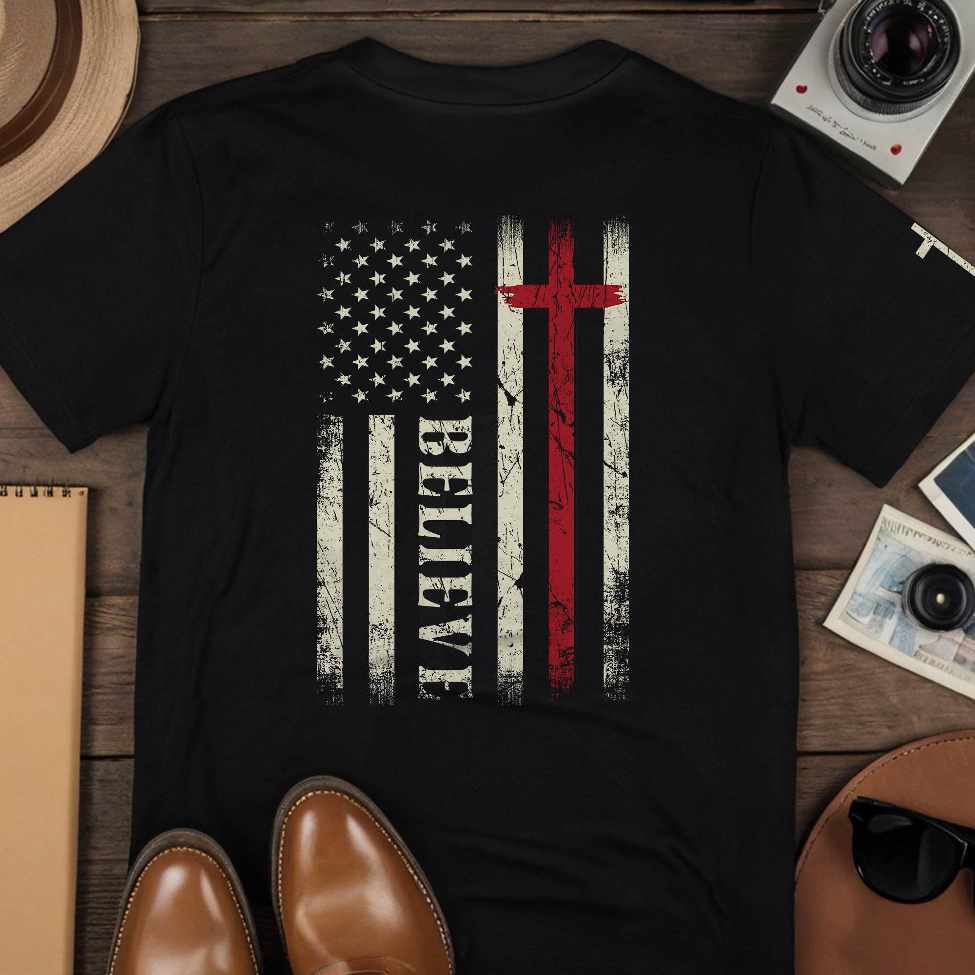 Believe American Flag Cross T-Shirt - Rust Field Wear