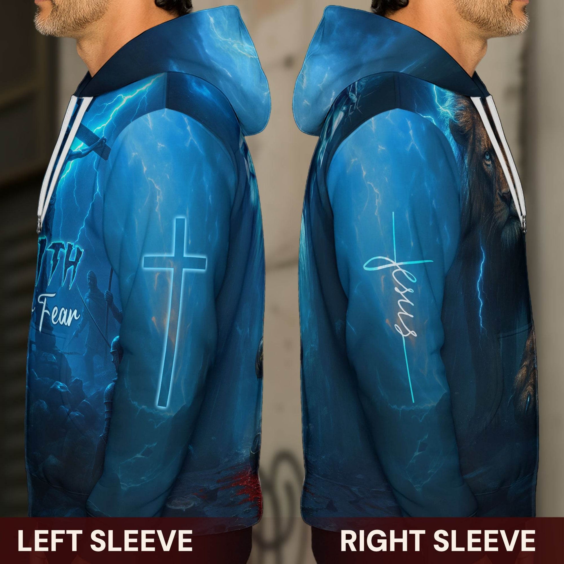 Faith Over Fear Lion & Cross Lightning Blue Hoodie - Rust Field Wear