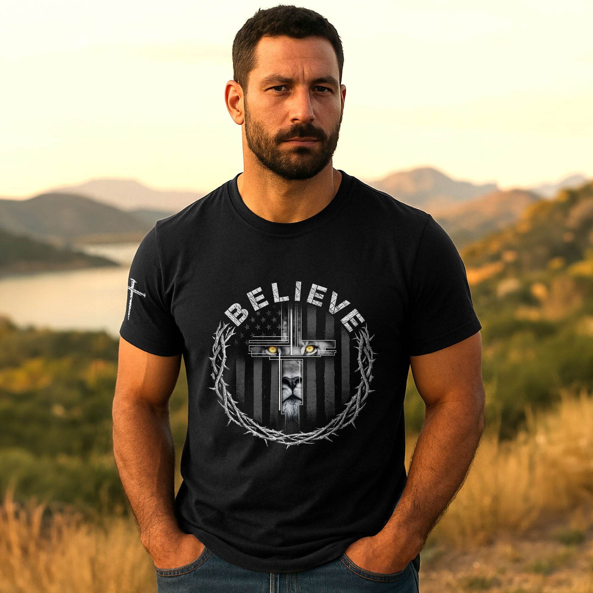 Believe Lion Cross Crown of Thorns Christian T-Shirt - Rust Field Wear
