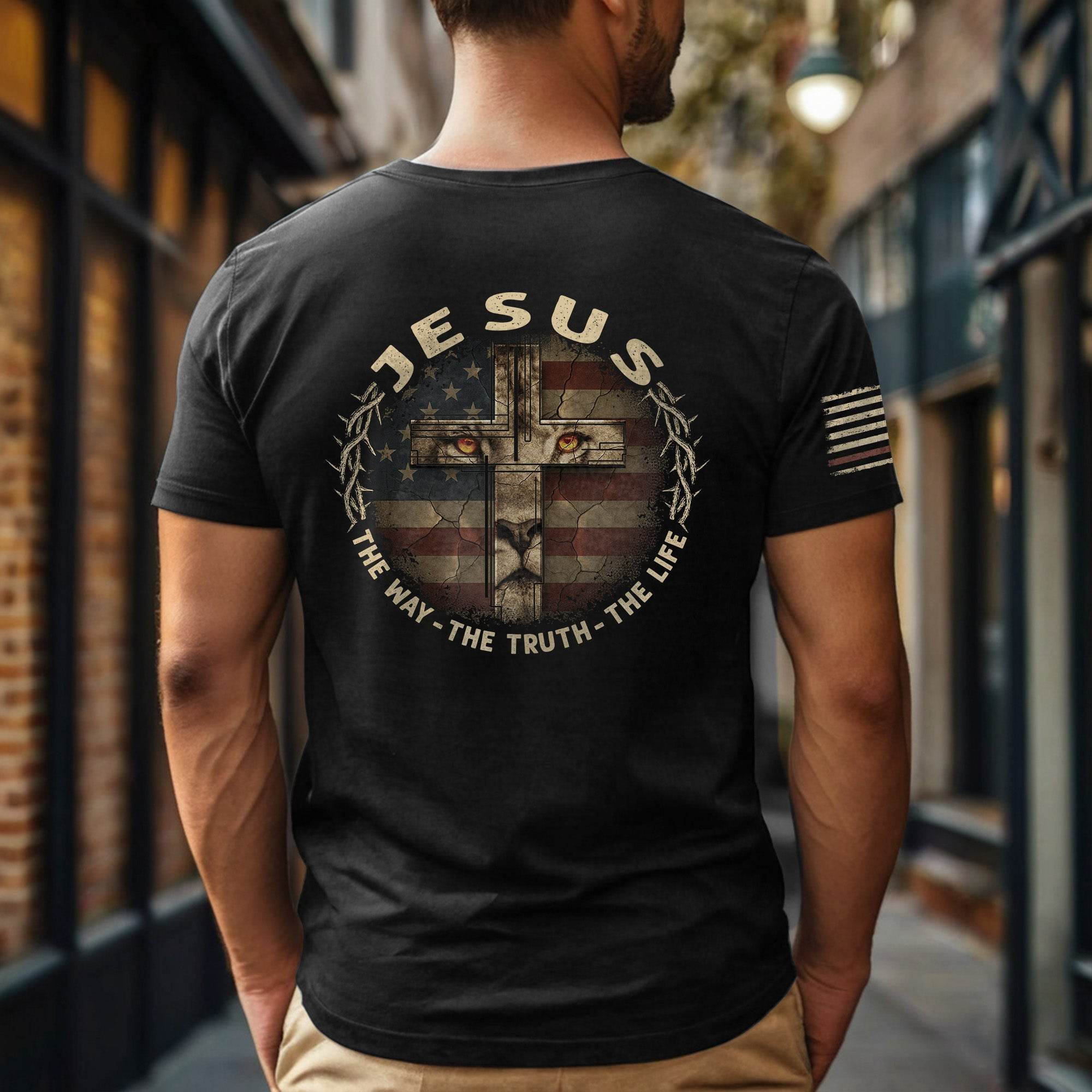 Jesus & American Flag Lion Cross T-Shirt β The Way The Truth The Life - Rust Field Wear