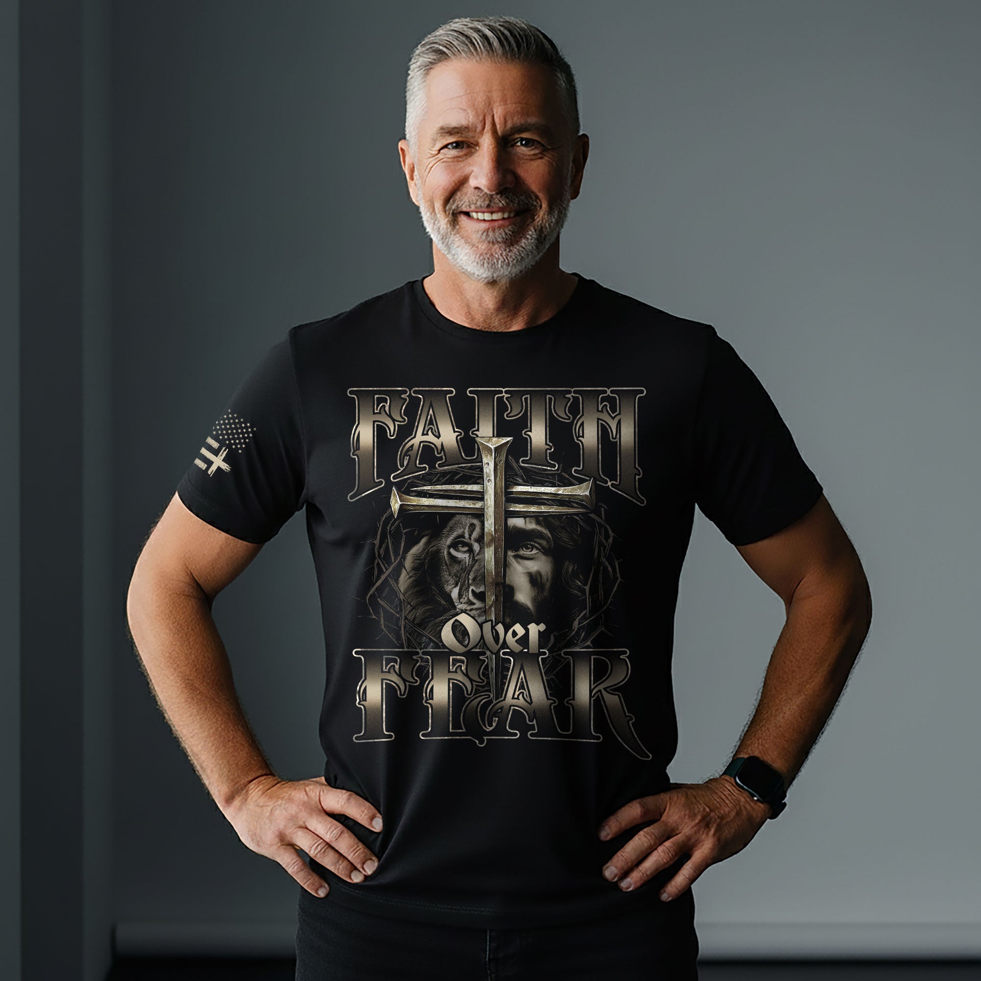 Faith Over Fear Christian T-Shirt Lion Jesus Cross Crown Design